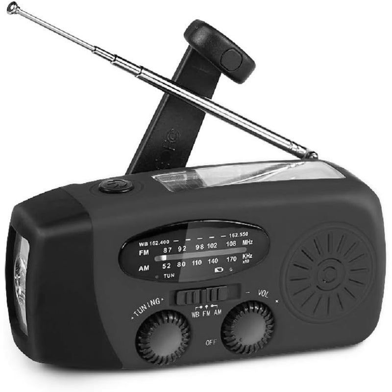 Przenośne radio pogodowe zasilane energią słoneczną, radio AM/FM z korbką i latarką LED, powerbank 2000 mAh, czarne