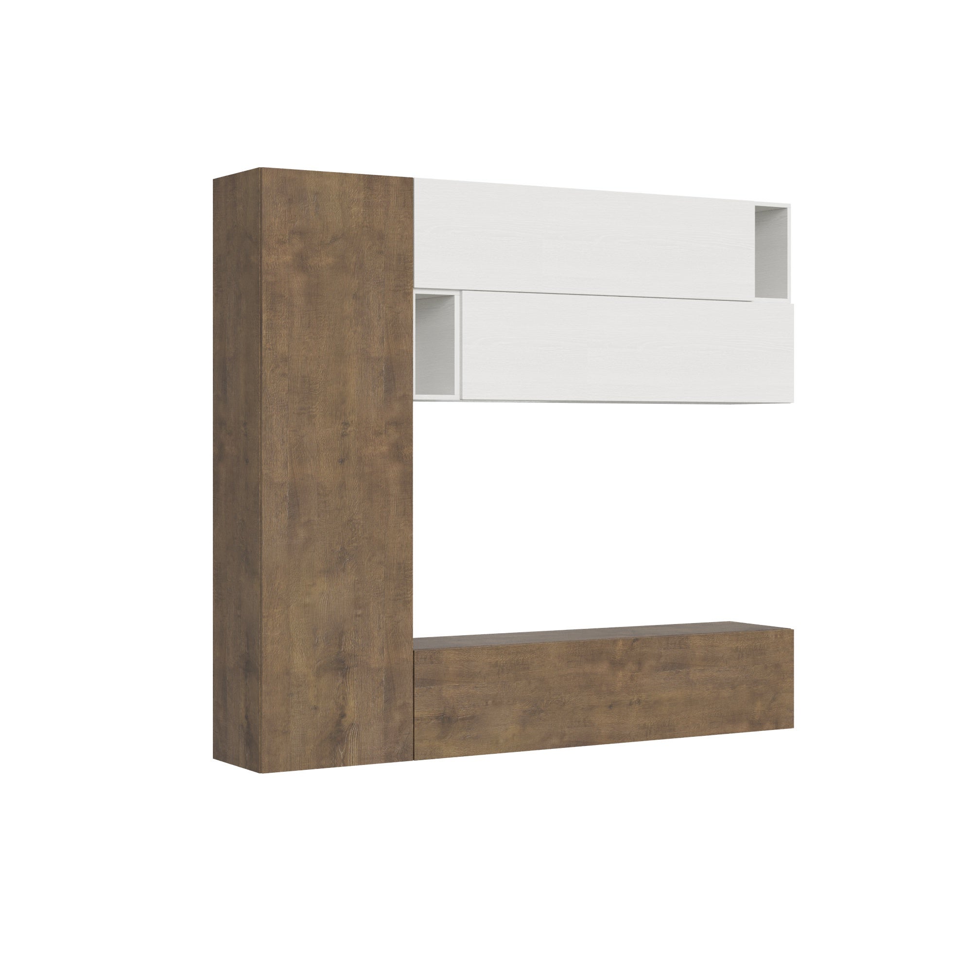 Mueble de pared Isoka A34, 234 cm de ancho x 210 cm de alto, nogal y blanco, estilo minimalista.
