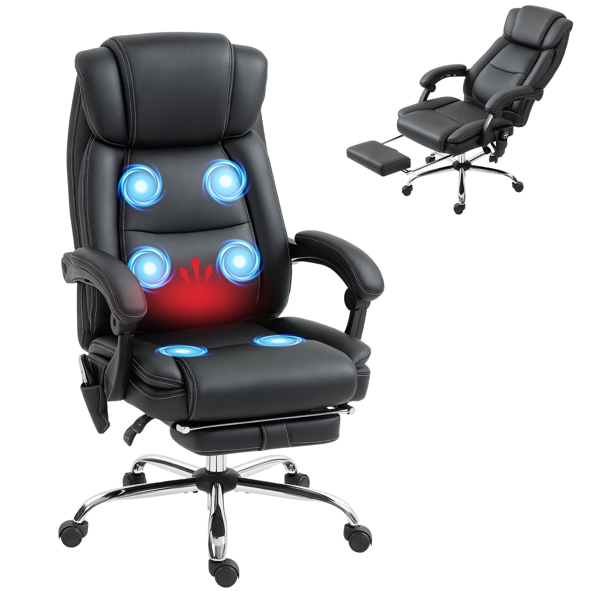 Ergonomiczny fotel biurowy z funkcją masażu, fotel biurowy z podnóżkiem, czarna skóra ekologiczna
