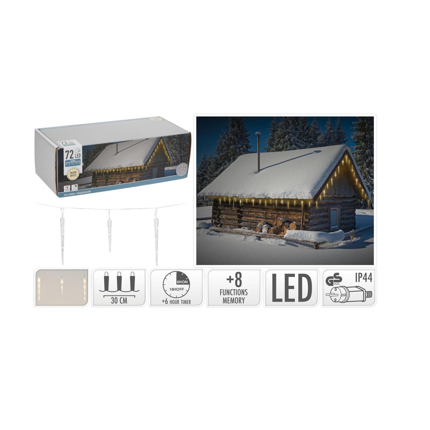 Lampki kurtyna świetlna sople wewnątrz i na zewnątrz 72 Led ciepły biały timer