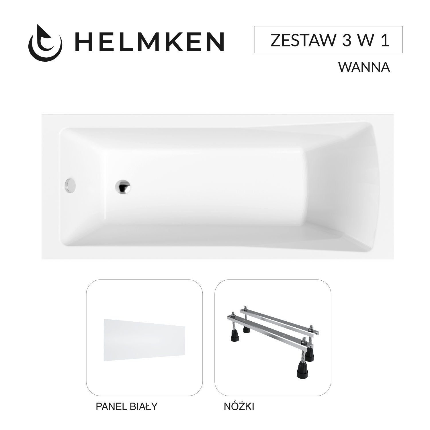 Wanna akrylowa Helmken Aurora 170x75 z akrylu lanego ze wzmocnionym korpusem + Panel biały + Nóżki / 35010075