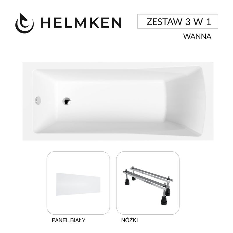 Wanna akrylowa Helmken Aurora 170x75 z akrylu lanego ze wzmocnionym korpusem + Panel biały + Nóżki / 35010075