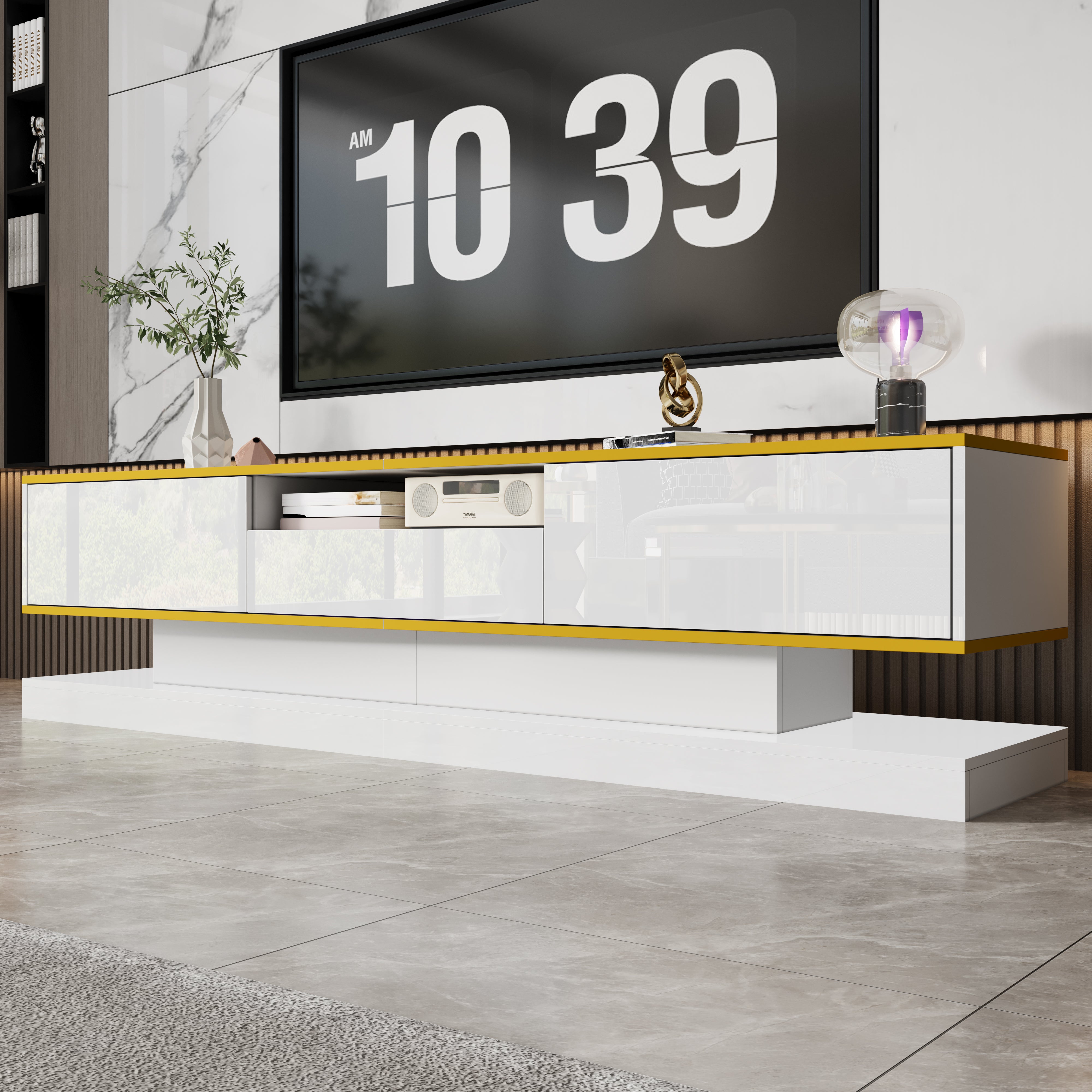Nowoczesna szafka pod TV 180x38x45 cm - z trzema szufladami - z otwartą komorą - z oświetleniem LED - biała