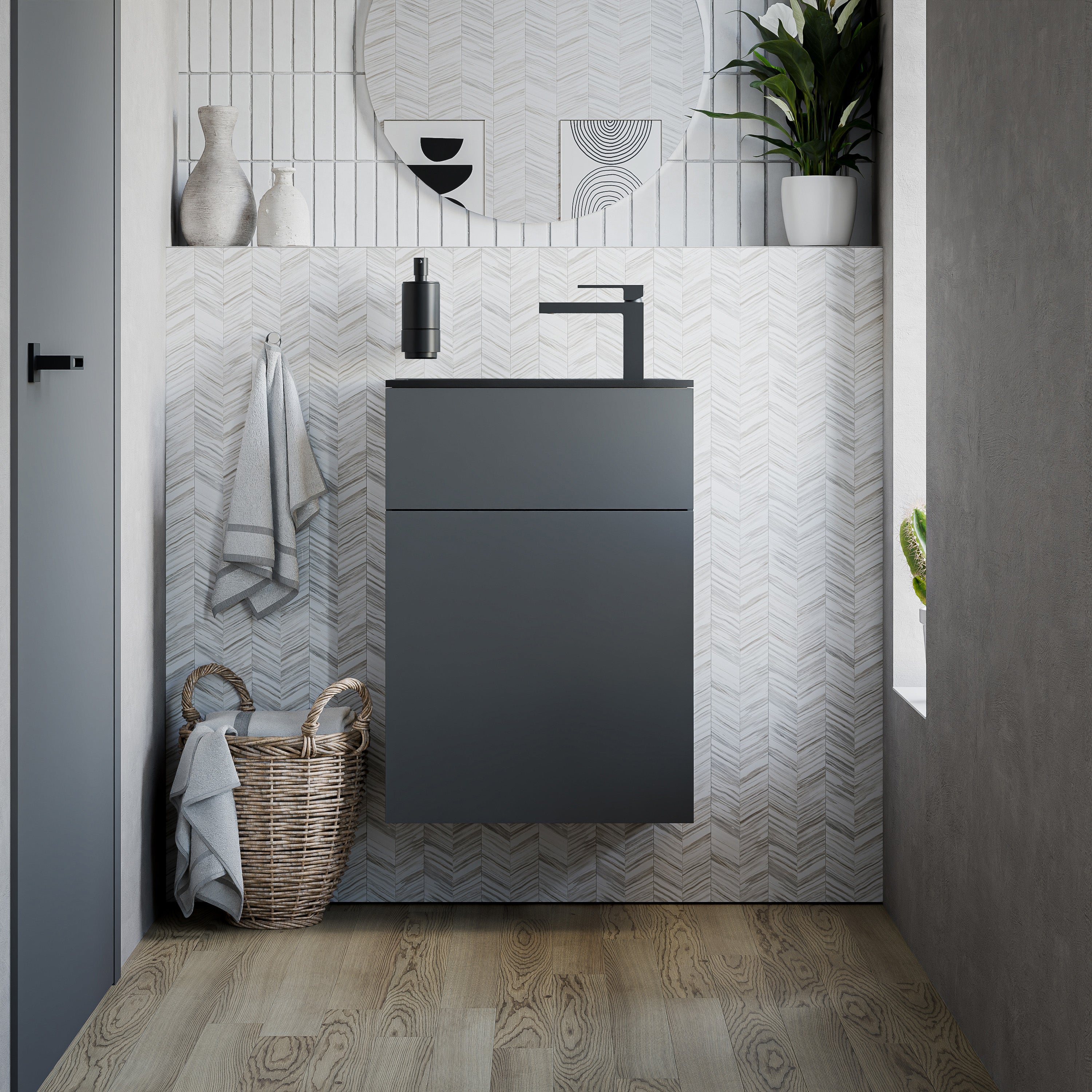 BERNSTEIN - Szafka pod umywalkę wiszącą MDF Grafit mat, umywalka Czarna mat + otwór na baterię i odpływ, zawiasy po lewej stronie - 50x26x72cm - KONDA