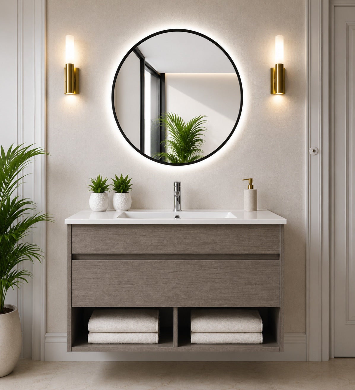 Wisząca szafka łazienkowa z umywalką ORIGENBATH NEBARI z szufladą 60x45 cm dąb smoky
