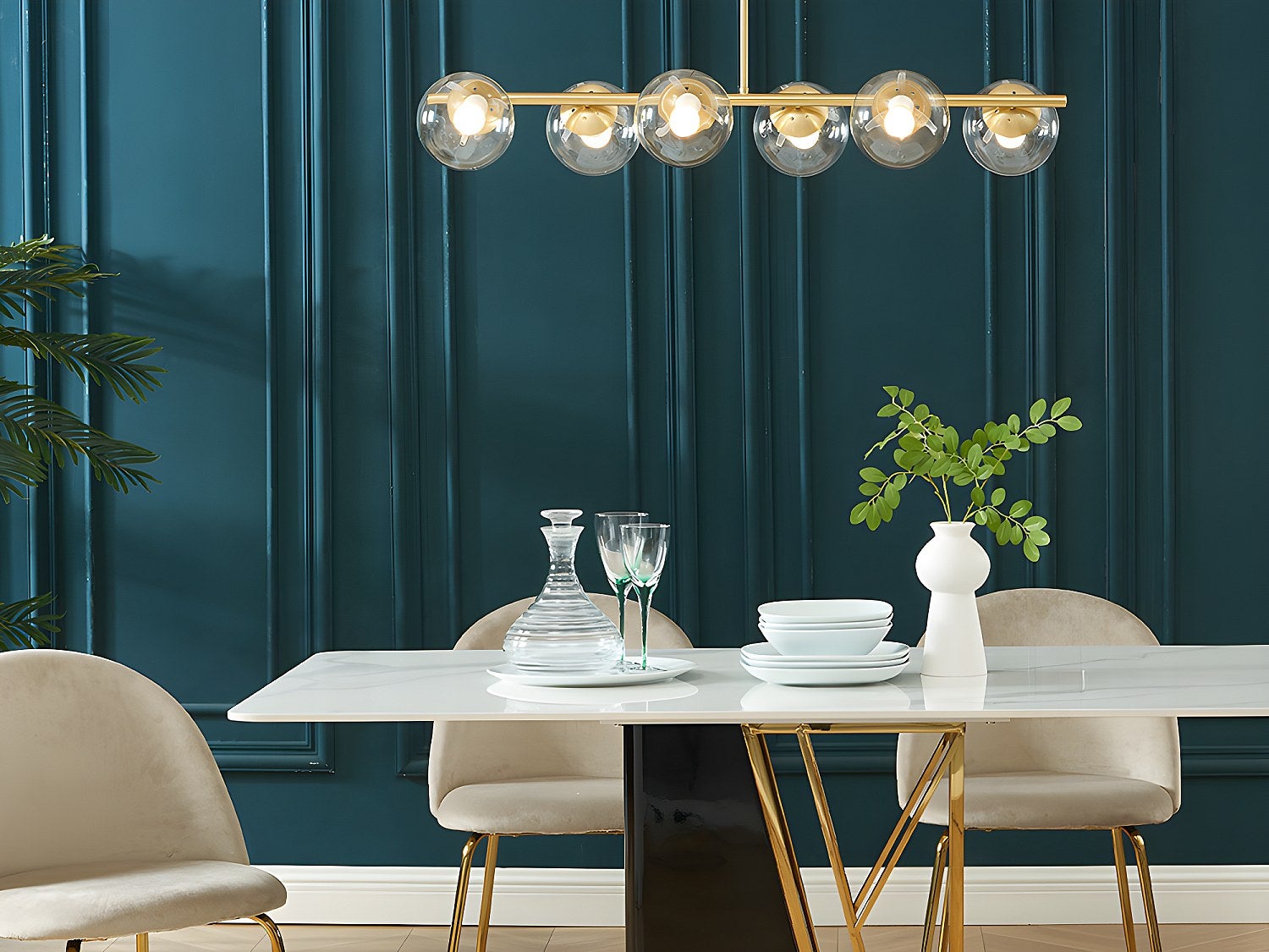Lampa wisząca ze szczotkowanego mosiądzu z 6 kloszami ze szkła w stylu vintage – szer. 128 cm – YUKON