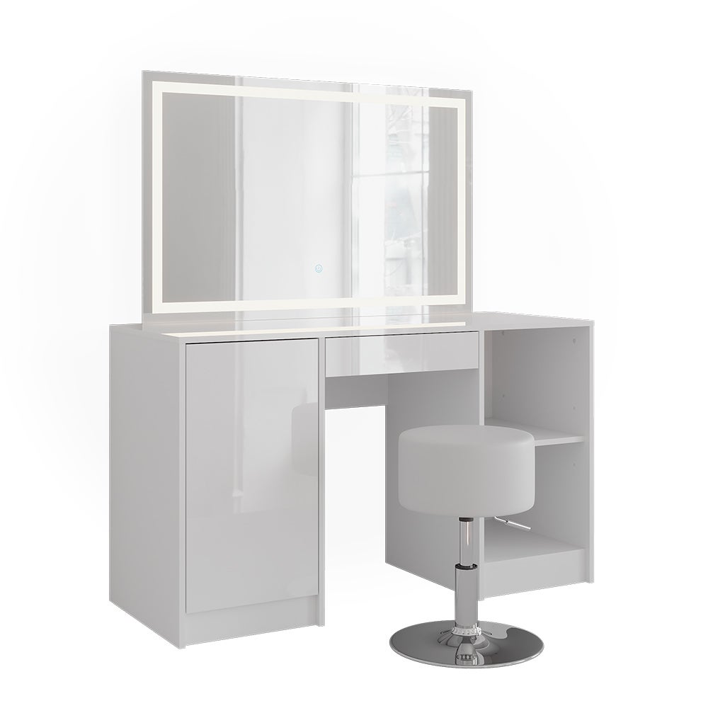 Vicco Stół do toalety Sherry, Biały/Biały wysoki połysk, 128.2 cm z lustrem LED i stołkiem