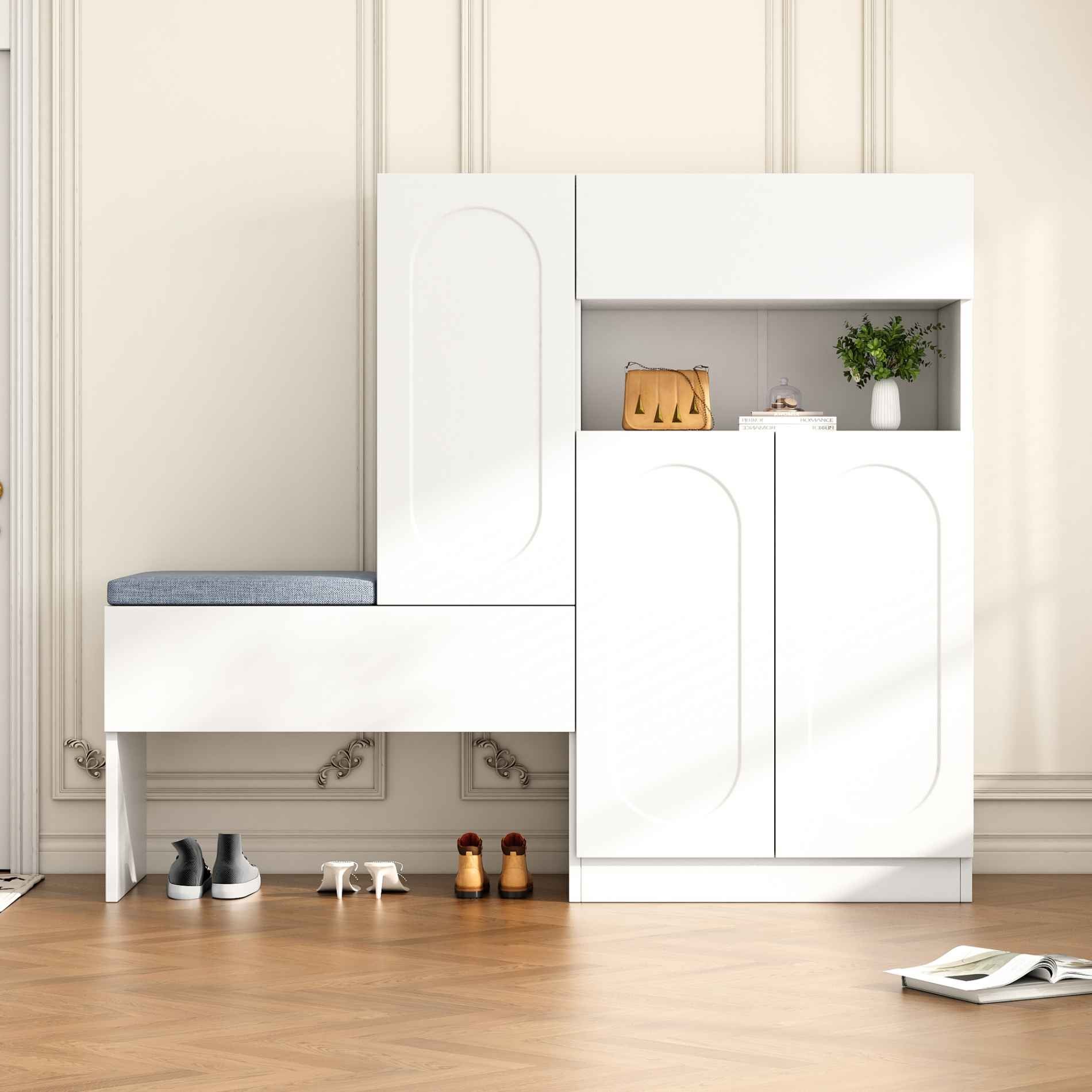 Szafka na buty 2 w 1 z ławką, zakrzywionymi drzwiami i funkcją cichego zamykania, regulowanymi półkami, elegancki design – 130×35×110 cm