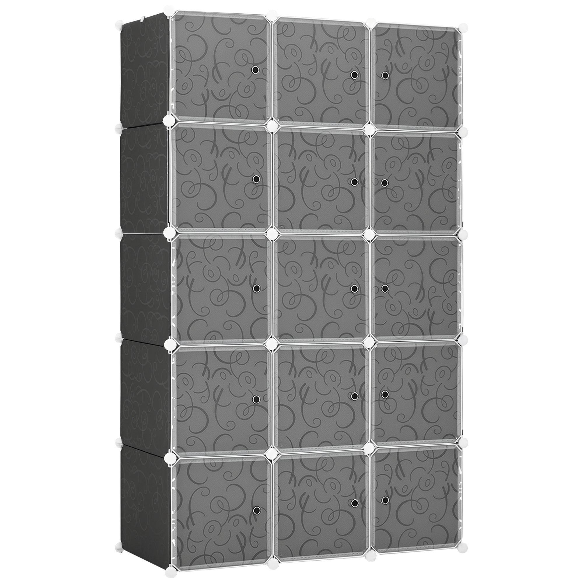 Szafka w kształcie kostki, 2 duże i 9 małych kostek, plastik i metal, 111 cm (dł.) x 47 cm (szer.) x 183 cm (wys.), czarno-biała
