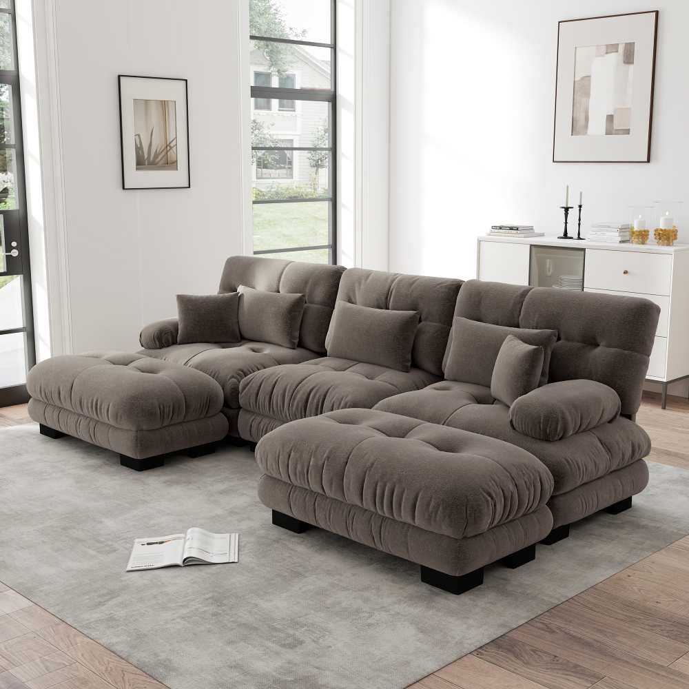 Modułowa sofa XXL w kształcie litery U z głębokim siedziskiem, rozkładana sofa narożna z mobilnym pufem w tkaninie szenilowej Cloud Comfort do salonu