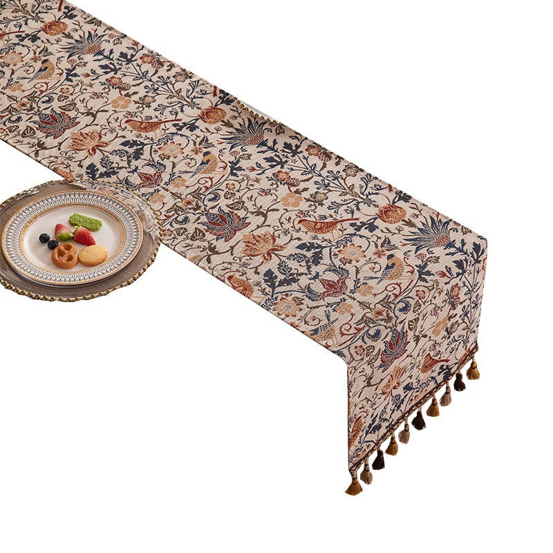Obrus żakardowy, tkane torty + frędzle kawowe na imprezy, święta, bankiety plenerowe, dekoracje ślubne (33×180 cm)