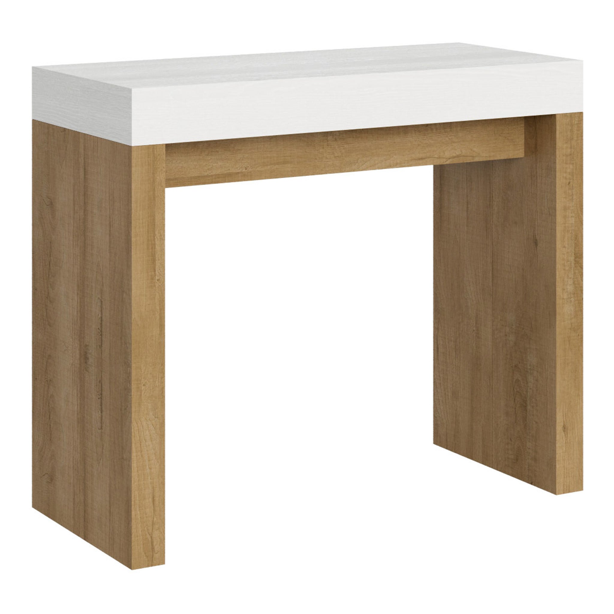 Mesa consola Roxell Mix con tablero de fresno blanco y estructura de roble natural, 3 m de altura.