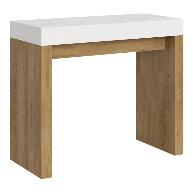 Mesa consola Roxell Mix con tablero de fresno blanco y estructura de roble natural, 3 m de altura.