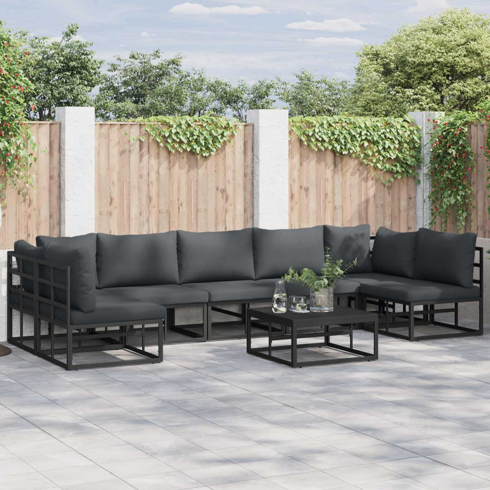 Zestaw Sof na Ogród z poduszką 7 pcs Czarny Aluminium vidaXL