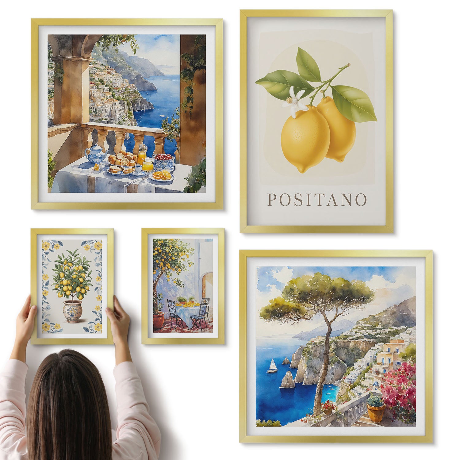 Galeria ścienna 5-częściowy komplet obrazów w złotych ramach - Cytrusowe akcenty w stylu śródziemnomorskim i widoki na morze - ArtPrintCave