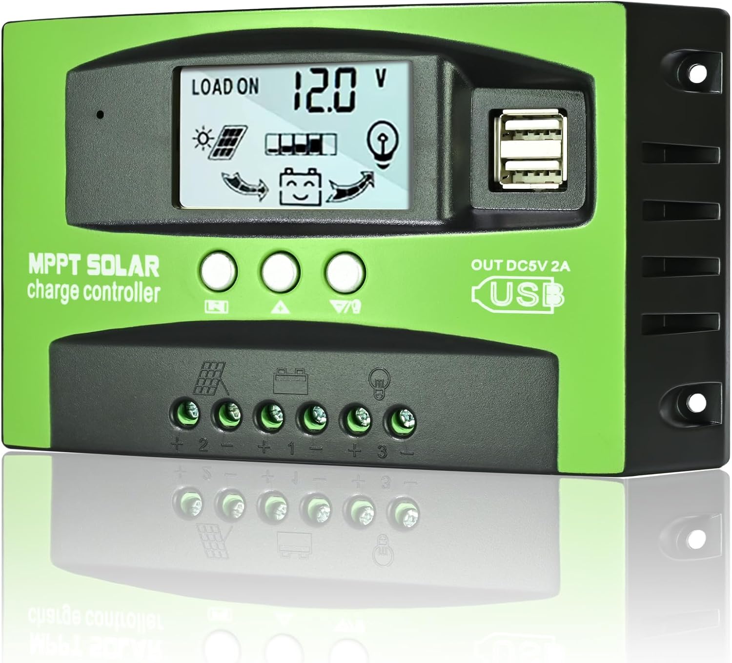 Regulator ładowania słonecznego MPPT 60 A, regulator panelu słonecznego z automatycznym śledzeniem 12 V/24 V, wyświetlacz LCD, dwa porty USB (zielony