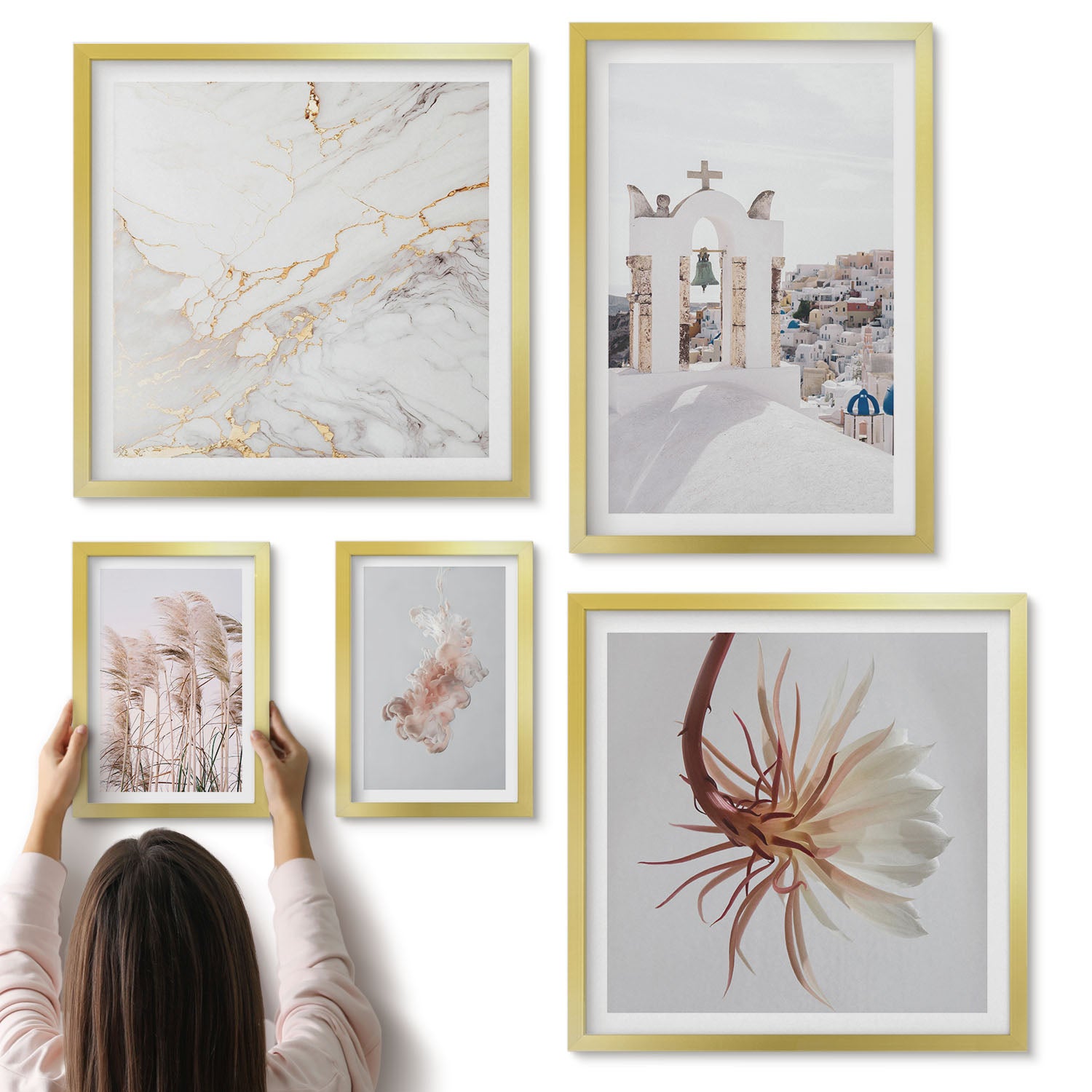Galeria ścienna 5-częściowy komplet obrazów w złotych ramach - Stylowe widoki na architekturę i naturę w pastelach - ArtPrintCave