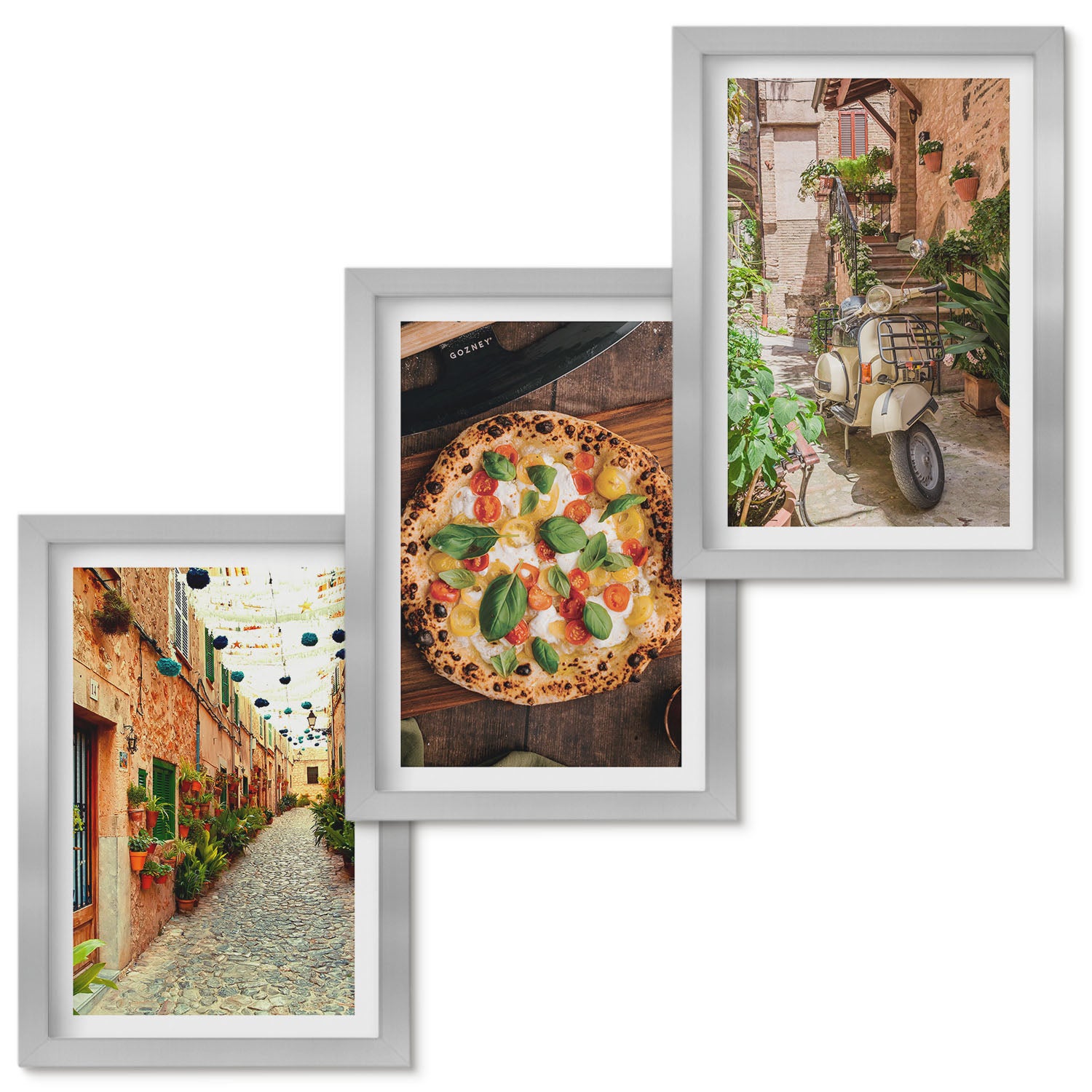 Zestaw obrazów w ramie - 3 części | Urokliwe uliczki z roślinnością i włoska pizza | Srebrna ramka