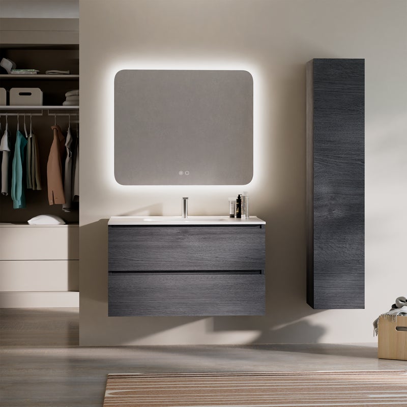 Feel Your Bath Zestaw mebli łazienkowych PANTER 100 cm, antracyt, 2 szuflady, biała umywalka ceramiczna, prostokątne lustro LED przeciwmgielne