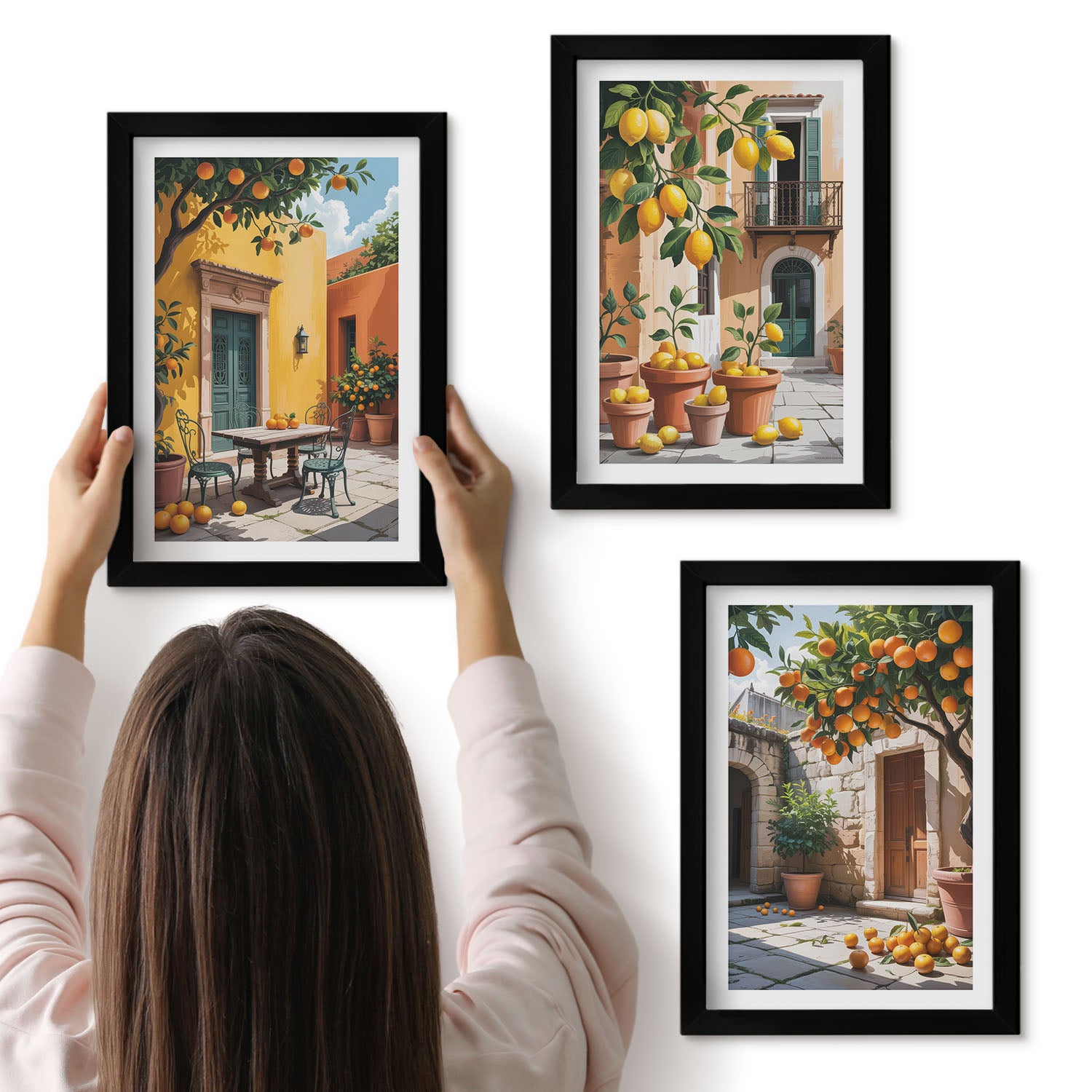 Galeria ścienna 3-częściowy komplet obrazów w czarnych ramach - Owoce cytrusowe w słonecznej scenerii ogrodowej - ArtPrintCave