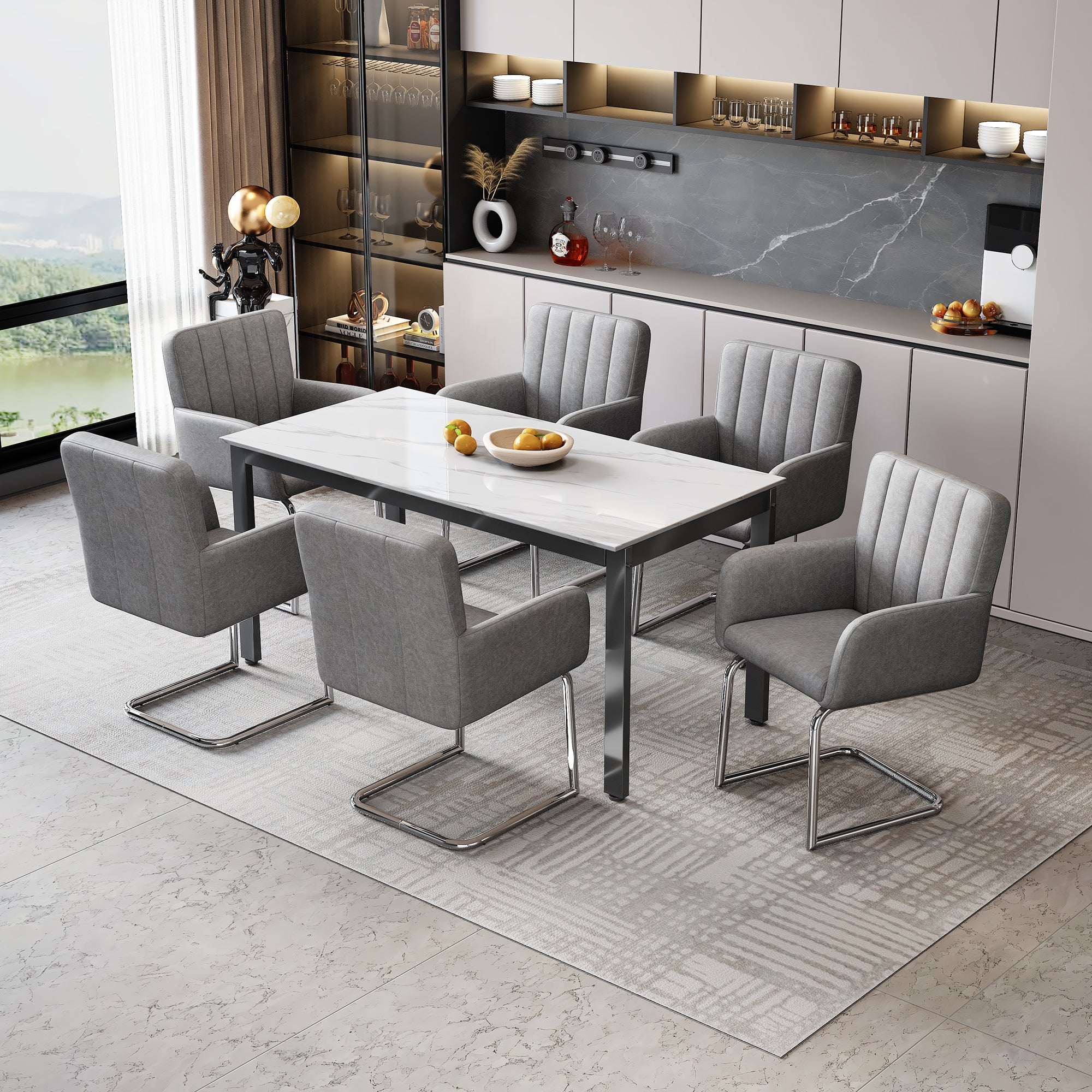 Zestaw 6 krzeseł do jadalni z podłokietnikami - 56 x 57 x 86 cm - Skóra ekologiczna (PU) i metal - Ergonomiczne, nośność 150 kg - Szare