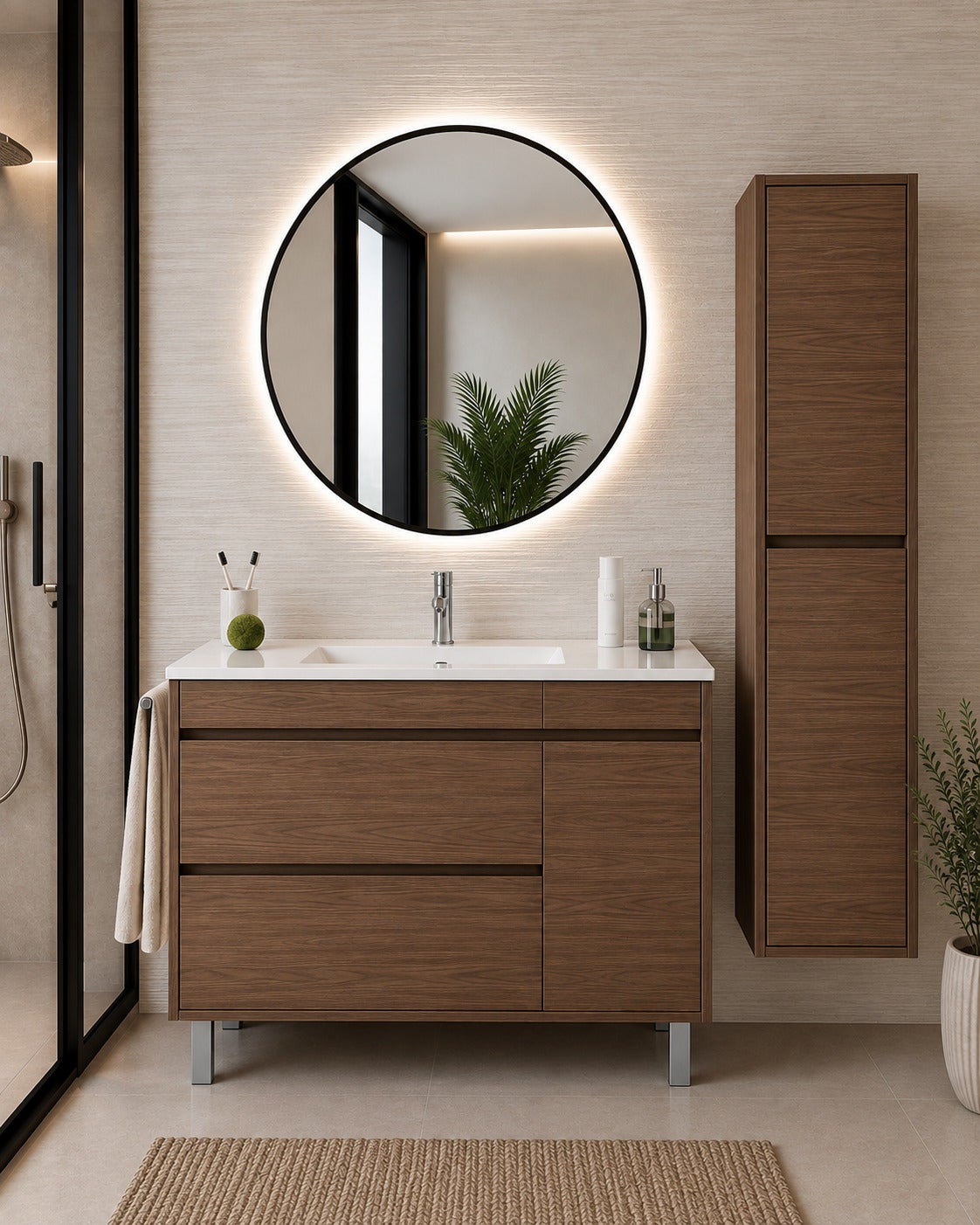 Szafka łazienkowa z umywalką ORIGENBATH CAPRERA bez lustra 90x45 cm jesion tea z kolumną