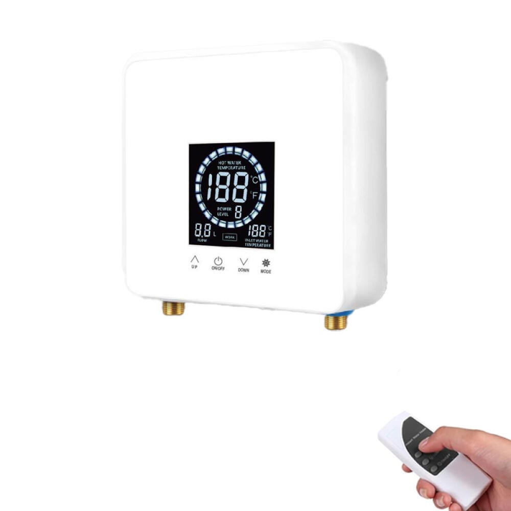 Przepływowy podgrzewacz wody bez zbiornika 7500 W 220 V do prysznica, łazienki, kuchni, kampera, montowany na ścianie (40 A + kabel 4 mm²), biały.