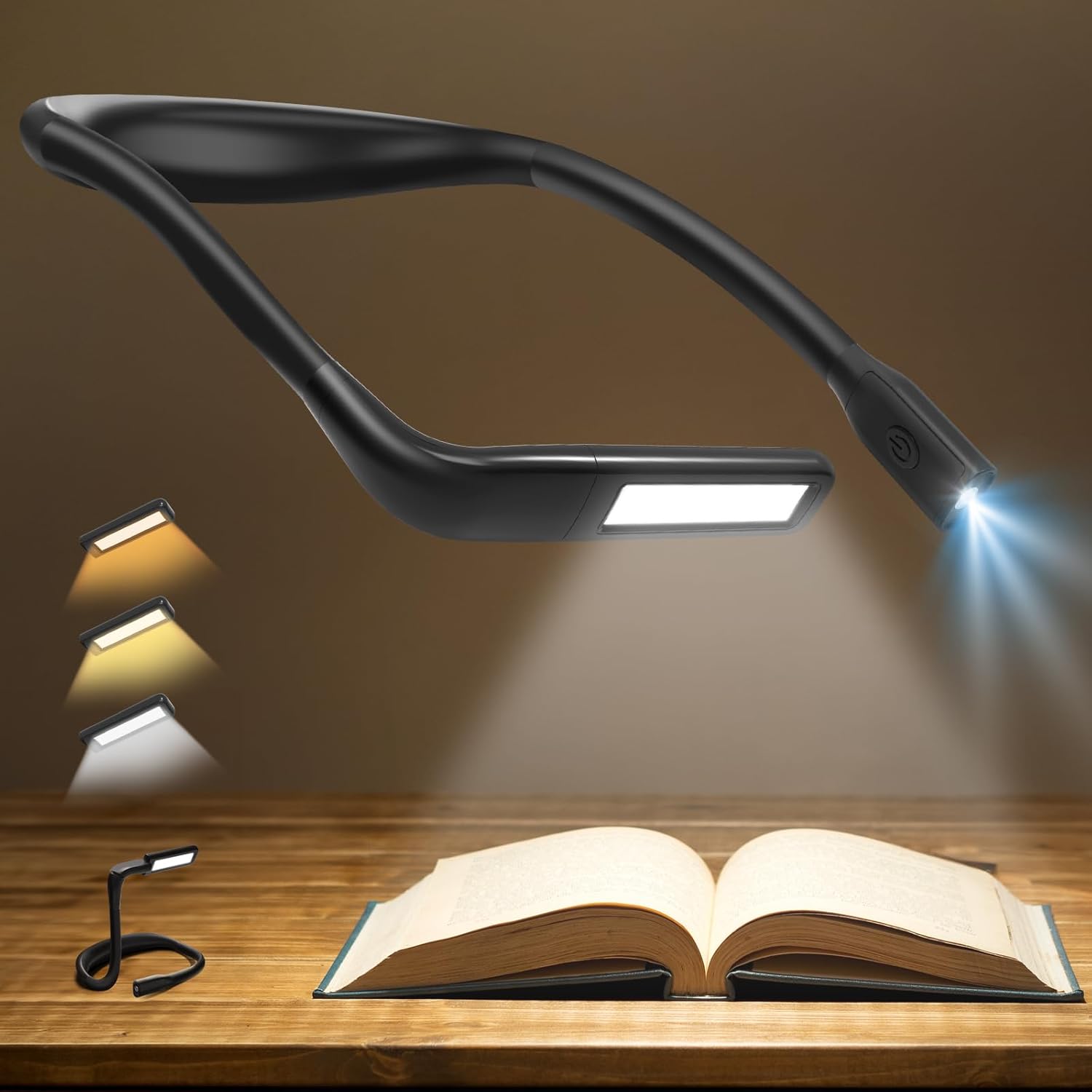 Czarna, ładowana przez USB lampka do czytania na szyi, lampa do czytania z ochroną oczu, mocowana na szyi, idealna na kemping.