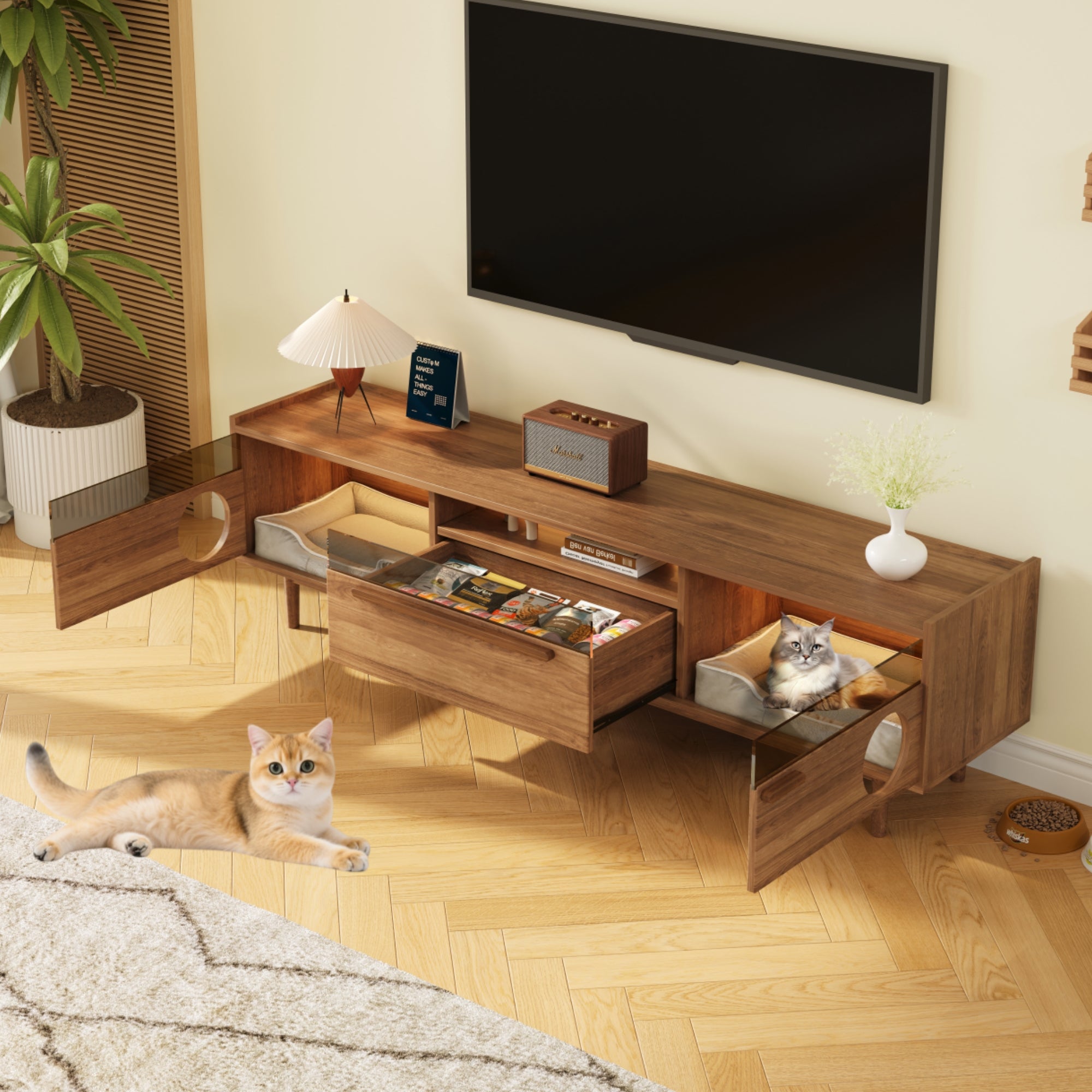 Szafka RTV z 2 drzwiami i 1 szufladą - 180 x 40 x 50 cm - MDF - LED-y - do salonu i sypialni - Miejsce do odpoczynku dla kota - Orzech