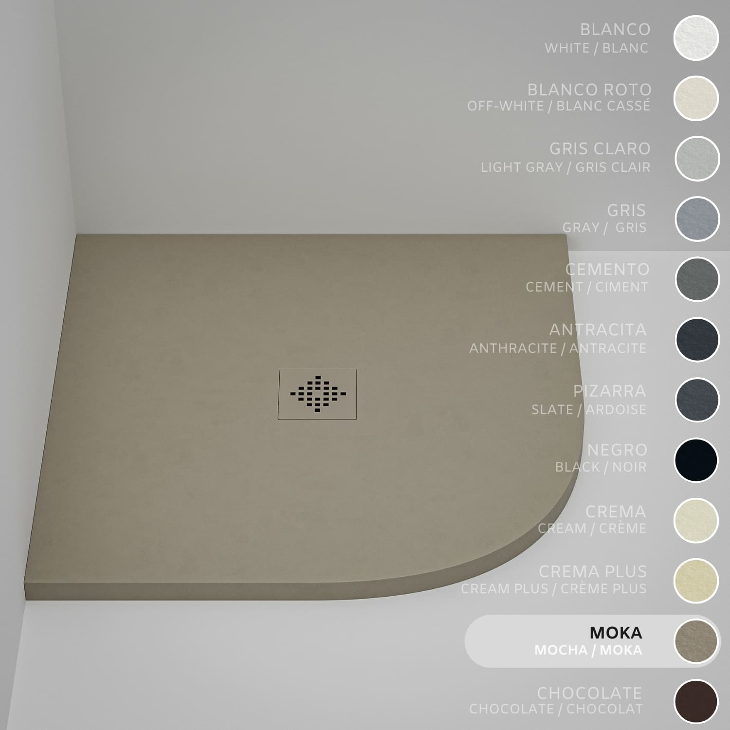 Brodzik półokrągły SOULHOME Żywica i Konglomerat Mineralny Antypoślizgowy 90x90 cm Moka - Kratka ten sam kolor