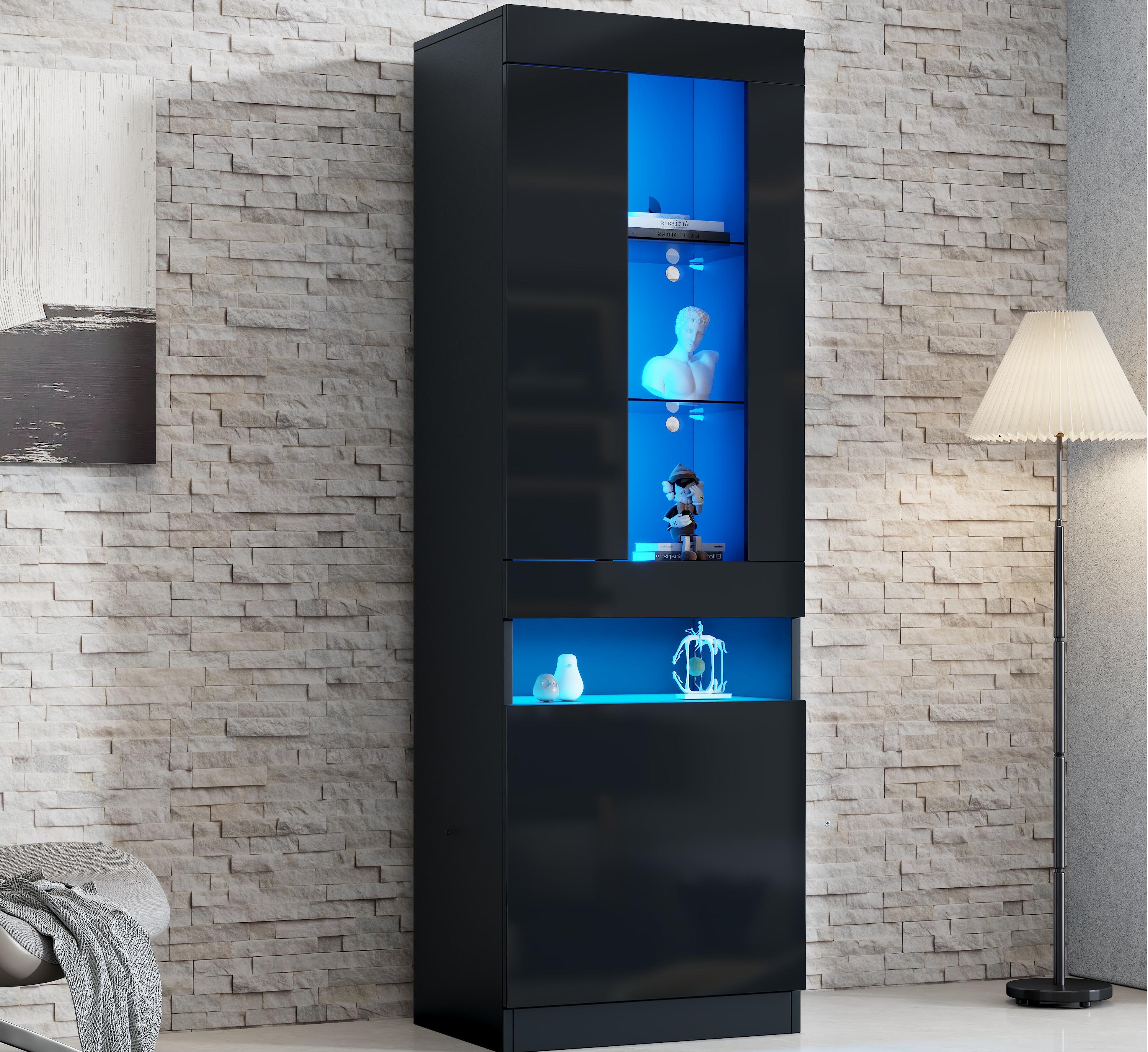 Witryna 50x40x180 cm - z oświetleniem LED - 2 drzwi - półki szklane - wykończenie błyszczące - płyta wiórowa - kolor czarny