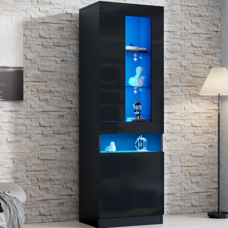 Witryna 50x40x180 cm - z oświetleniem LED - 2 drzwi - półki szklane - wykończenie błyszczące - płyta wiórowa - kolor czarny