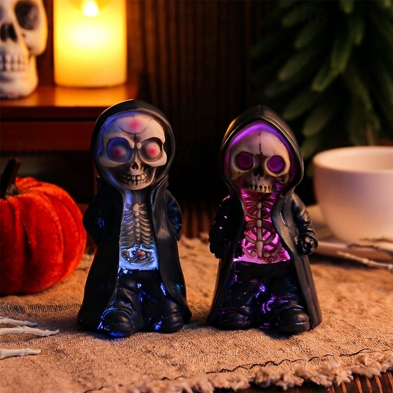 2 dekoracje w kształcie szkieletów na Halloween, dekoracyjne manekiny, kolorowa lampka, idealna do dekoracji twojego domu.