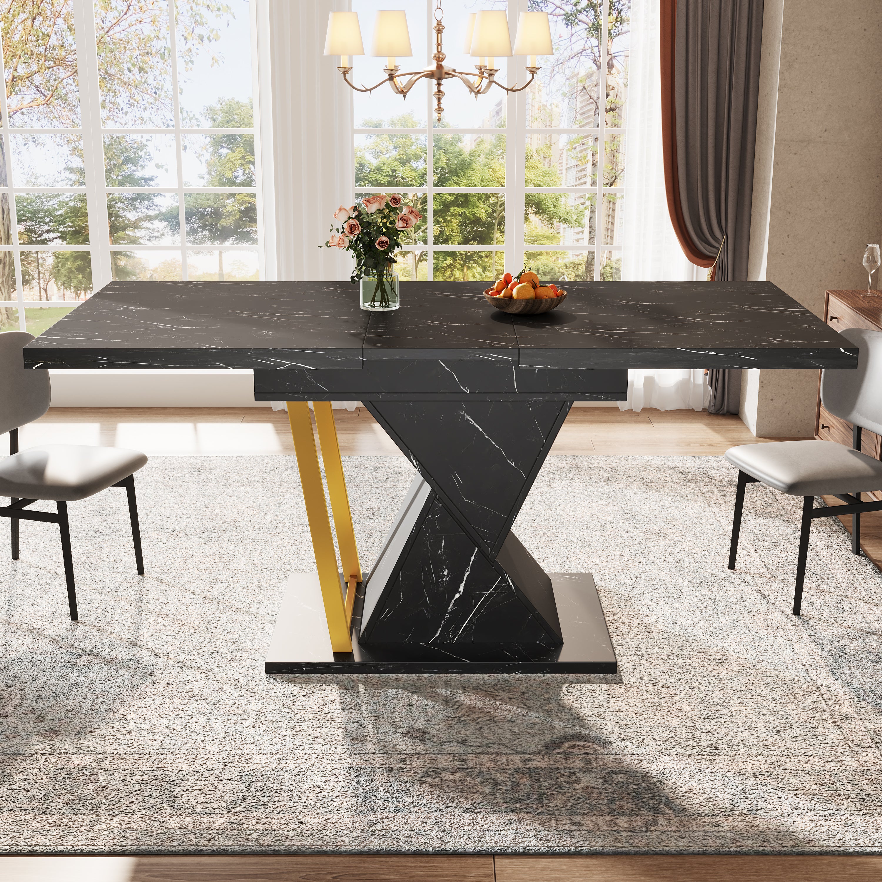 Rozkładany stół jadalny 110/140 x 80 x 76 cm – dla 6 osób – regulowane nogi – płyta MDF + metal – wzór marmuru – czarny