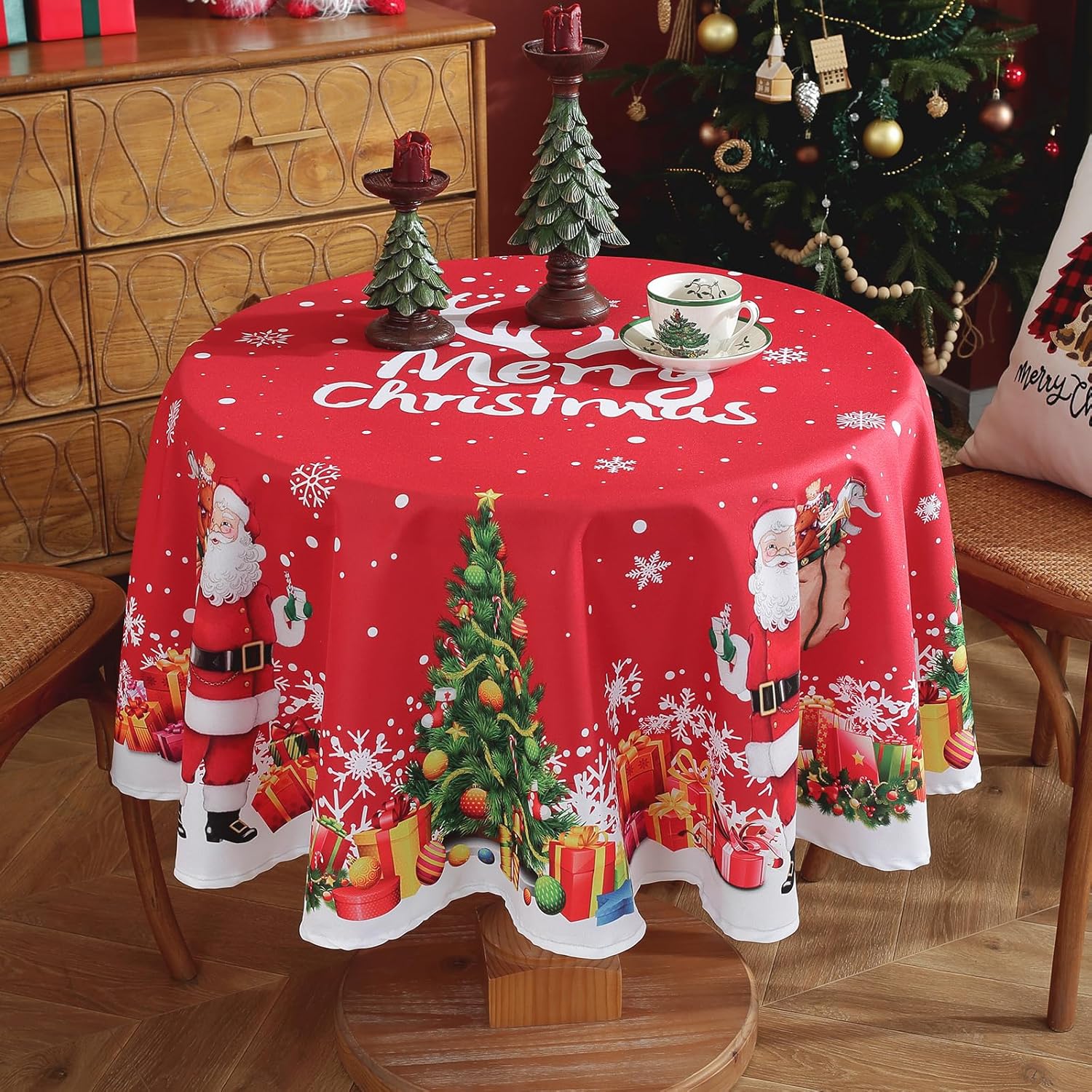 Okrągły obrus świąteczny z motywem Świętego Mikołaja, 152 cm (60 cali) – idealny na przyjęcia w pomieszczeniach, na tarasach, w zimowych kuchniach it