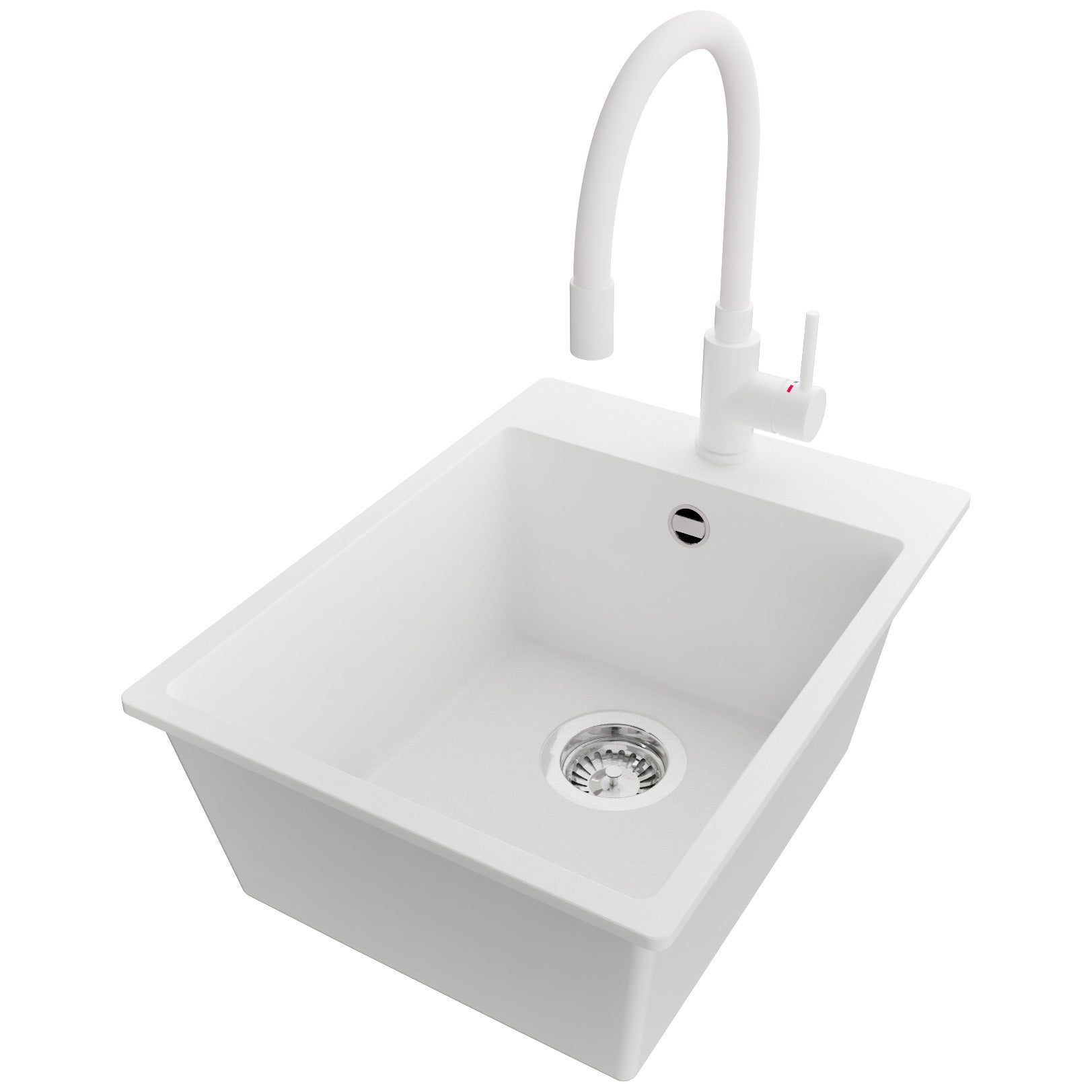 Zlewozmywak Granitowy Biały 38x50cm, Zlew Kuchenny 1 Komorowy + Bateria 38x14cm + Syfon, Nablatowy do szafki od 40cm - Ryga PRIMAGRAN