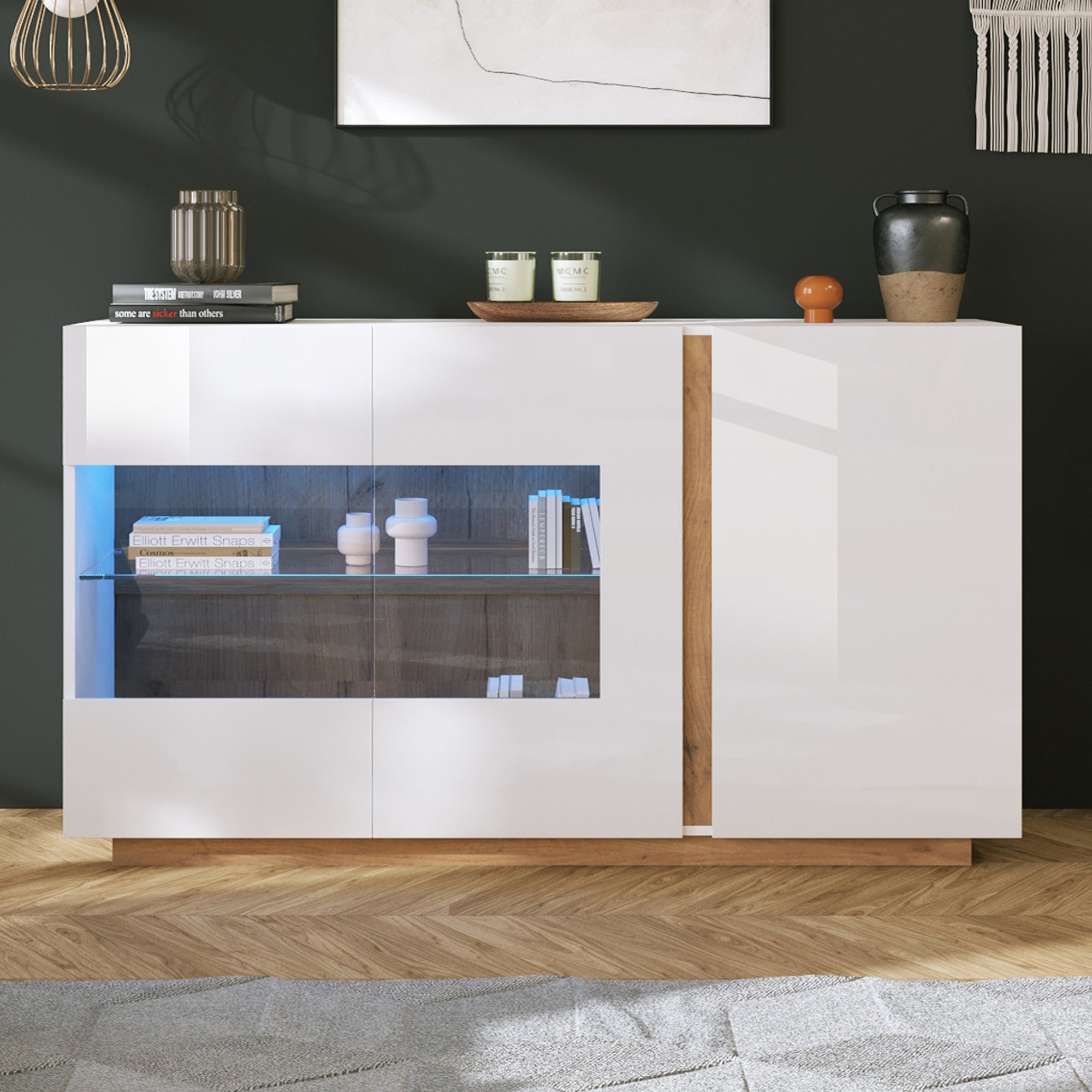 Komoda do przechowywania 138 x 38 x 90,5 cm, z oświetleniem LED, z miejscem do przechowywania, biały, lite drewno oraz szkło