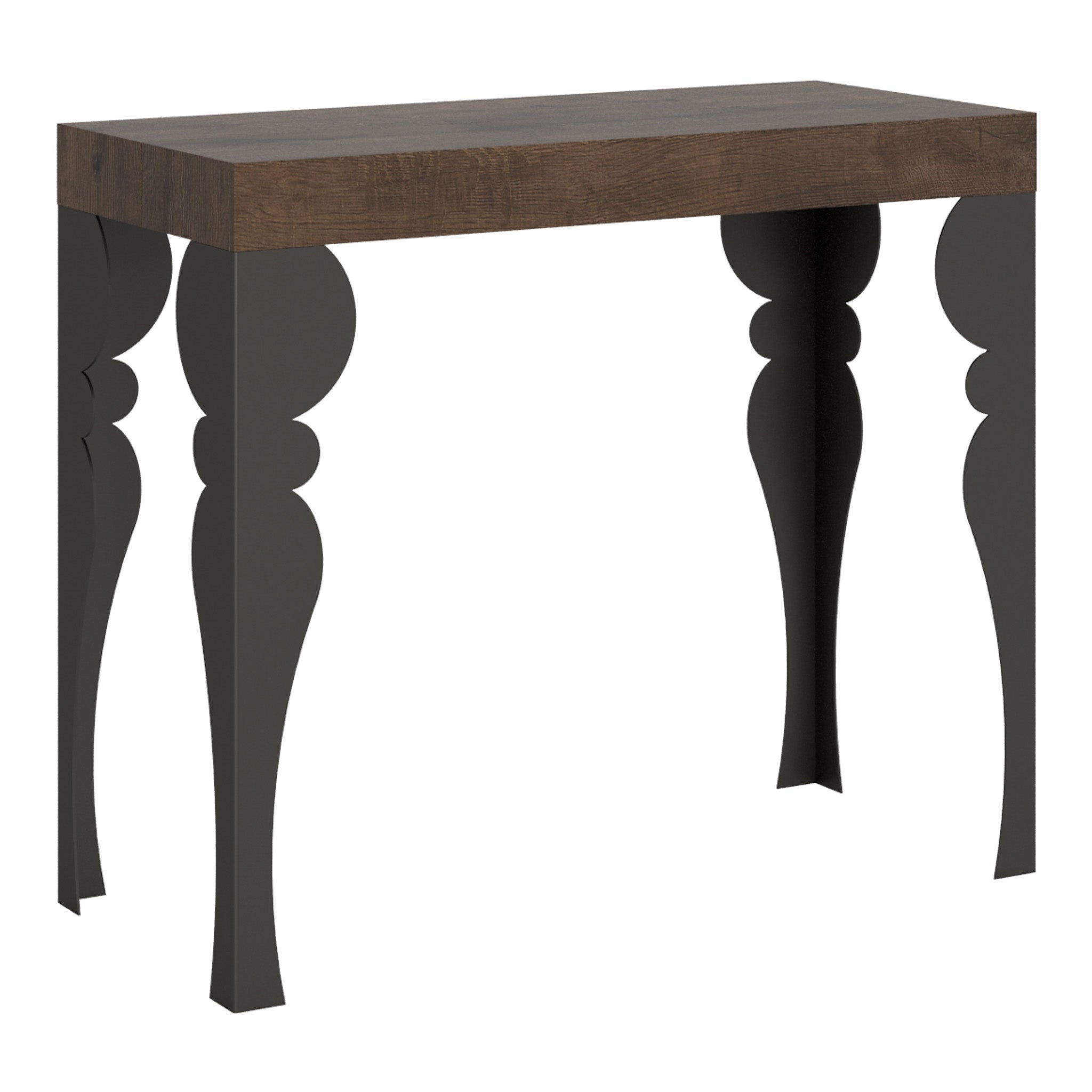 Mesa consola pequeña Paxon Premium, estructura de nogal antracita, extensible hasta 196 cm.
