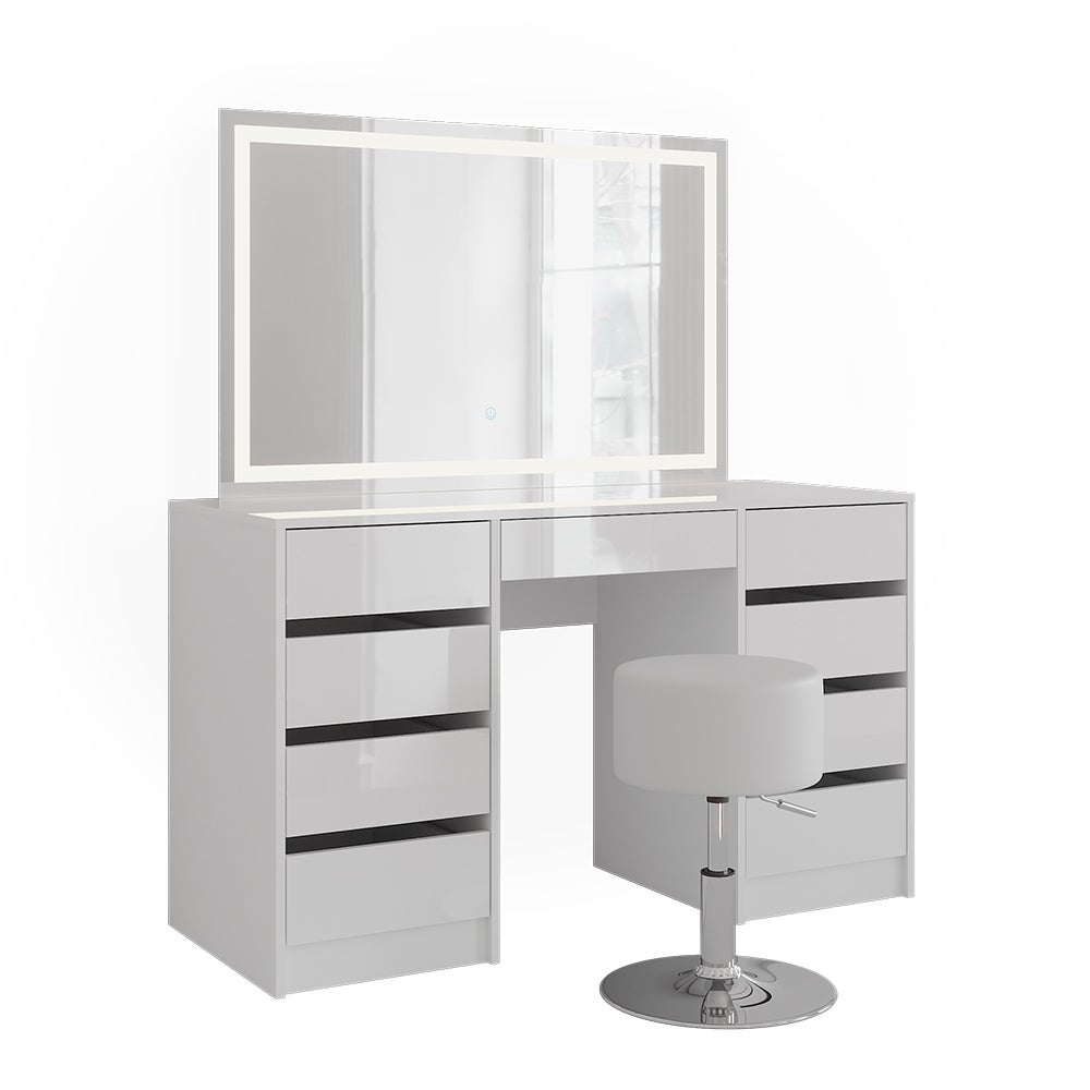 Vicco Stół do toalety Sherry, Biały/Biały wysoki połysk, 128.2 cm z lustrem LED i stołkiem