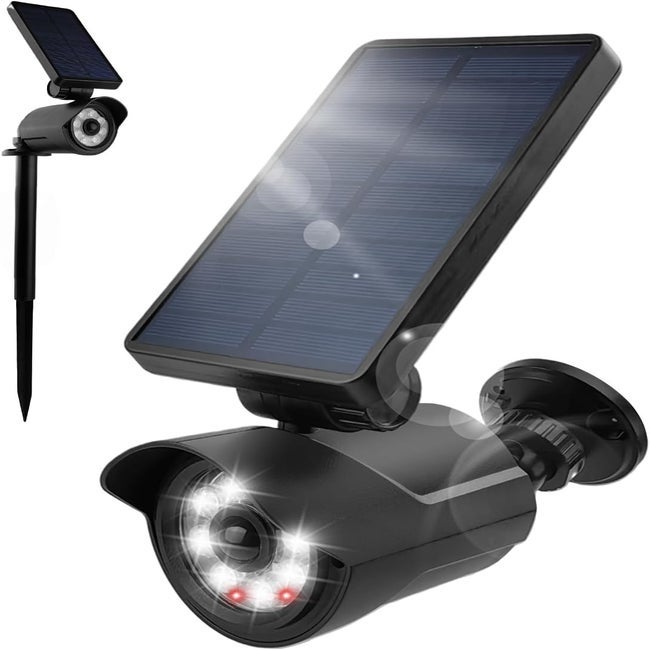 Zewnętrzna lampa solarna z czujnikiem ruchu, sztuczną kamerą, zasięgiem 6 m, czujnikiem ruchu PIR, wodoodpornością IP66