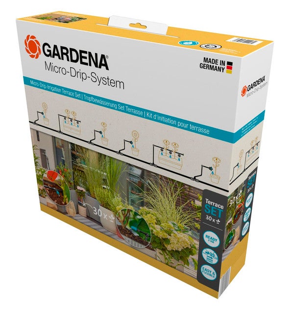 Zestaw startowy GARDENA Patio na maksymalnie 30 doniczek. Nawadnianie kropelkowe. System Micro-Drip. (13400-20)