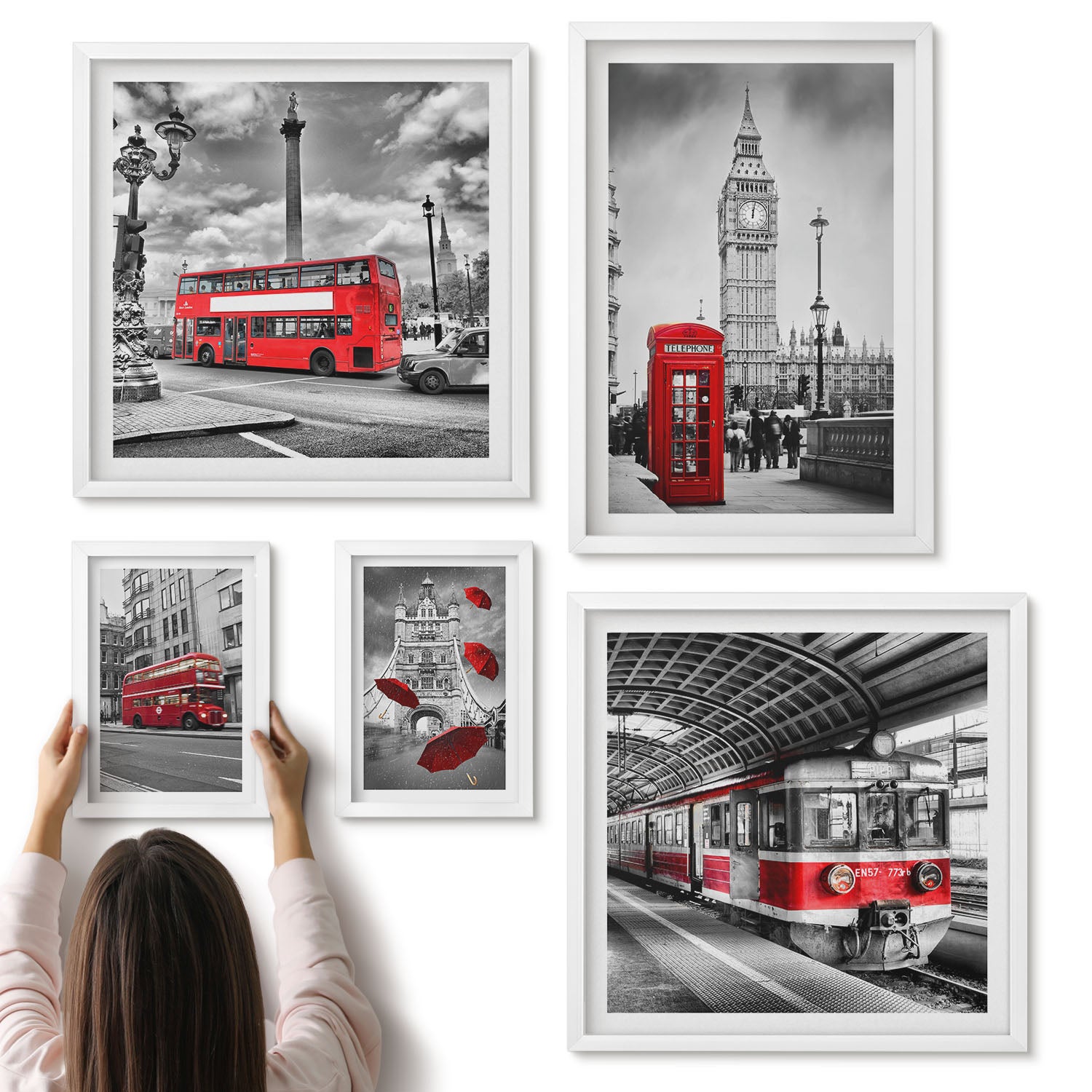 Galeria ścienna 5-częściowy komplet obrazów w białych ramach - Londyńskie motywy z czerwonymi akcentami i architekturą - ArtPrintCave