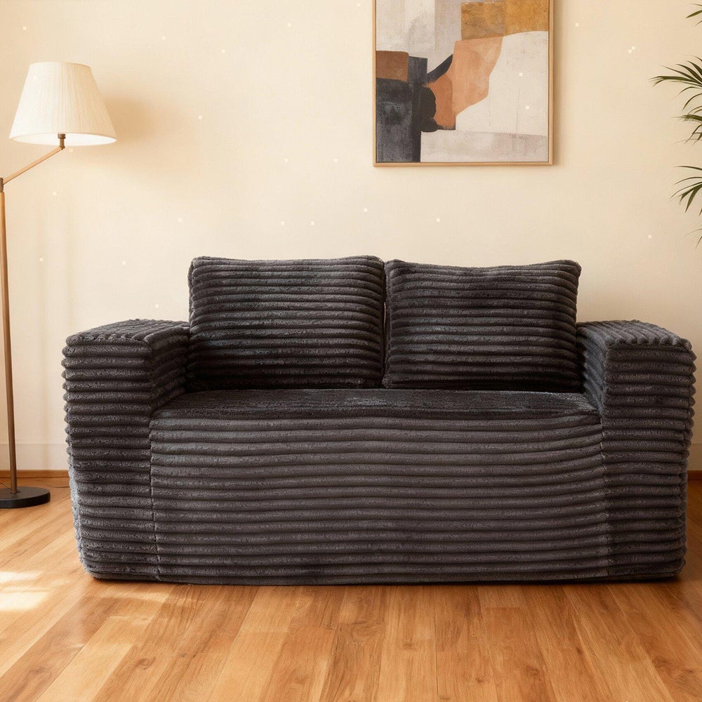 Głęboka dwuosobowa sofa bez ramy, sofa gotowa do użycia z podstawą z pianki, tkanina z aksamitu sztruksowego, szara