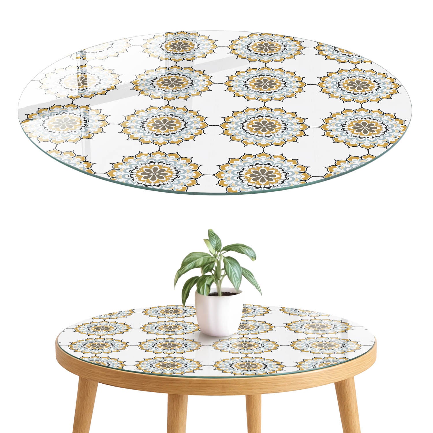 Szklany blat hartowany z wzorem 4 mm - elegancka dekoracja i maskowanie blatu fi90 cm Geometryczne kwiaty