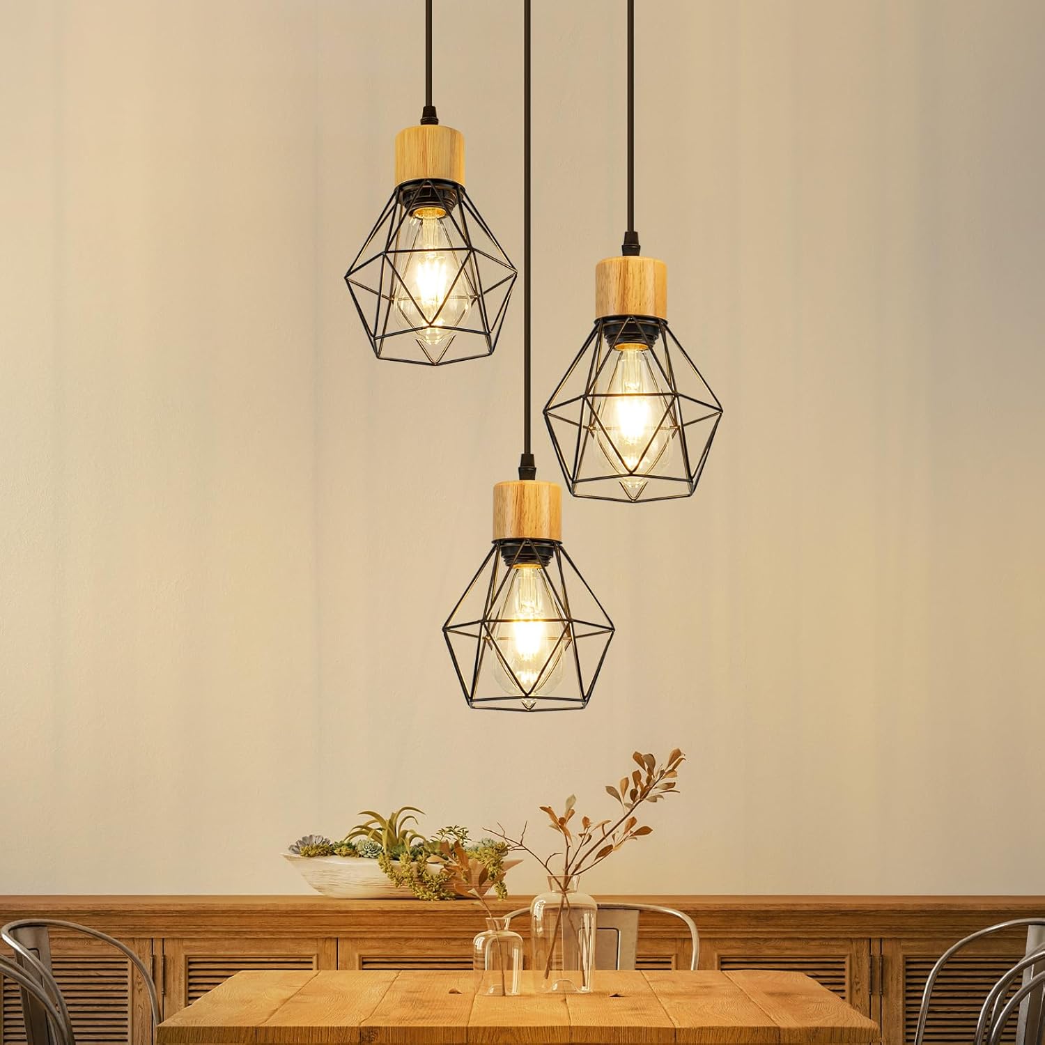 Lampa wisząca Nettlife Vintage Dining Table - 3-punktowa lampa wisząca E27, okrągła, czarna, industrialna lampa retro (żarówki nie są dołączone)