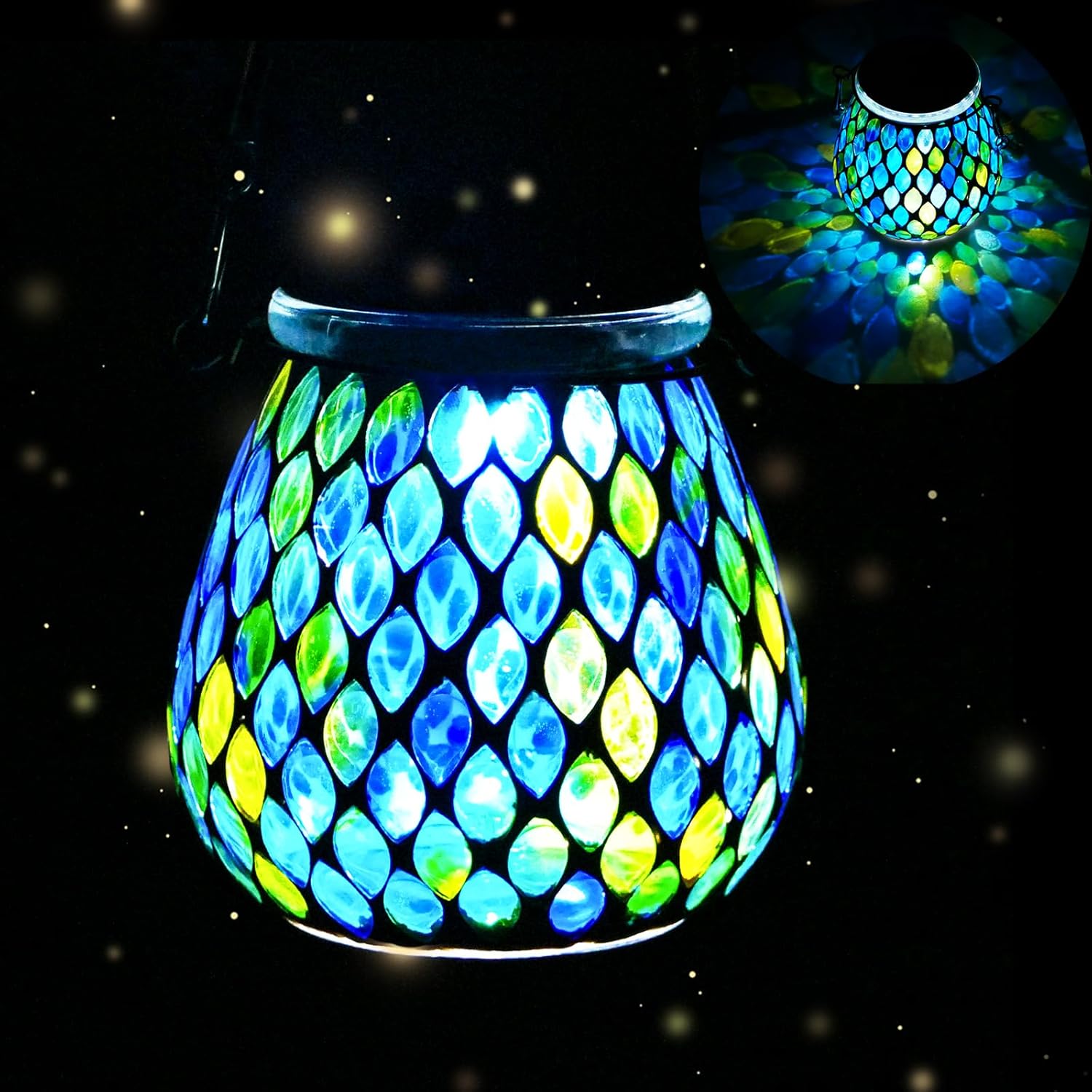 Niebieska mozaikowa lampa solarna, zewnętrzny żyrandol szklany, wodoodporna, solarna lampa stołowa, lampka nocna, dekoracja ogrodowa.