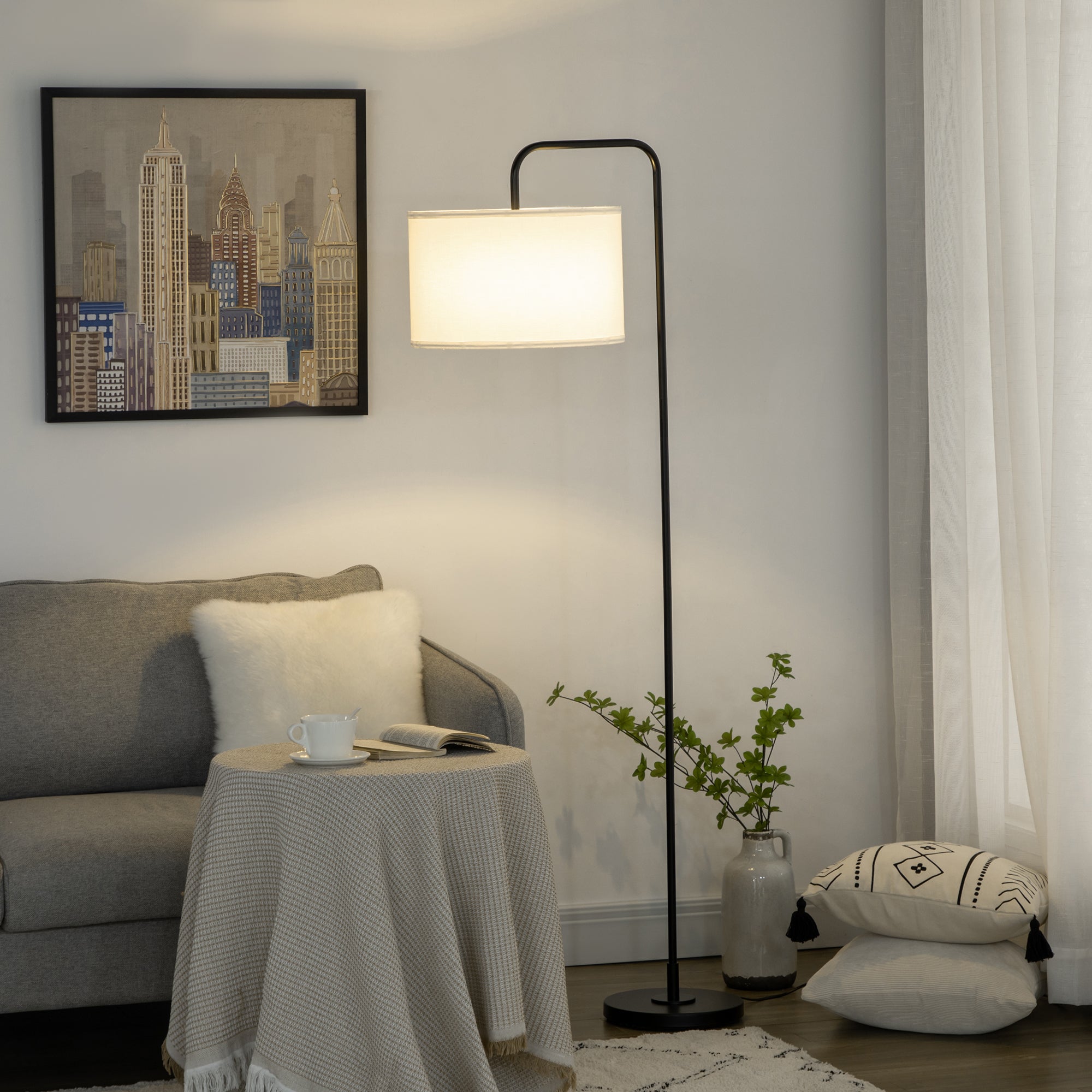 Nowoczesna lampa podłogowa ze stali z abażurem z tkaniny imitującej len, 64x38x163,5 cm, kolor biały i czarny