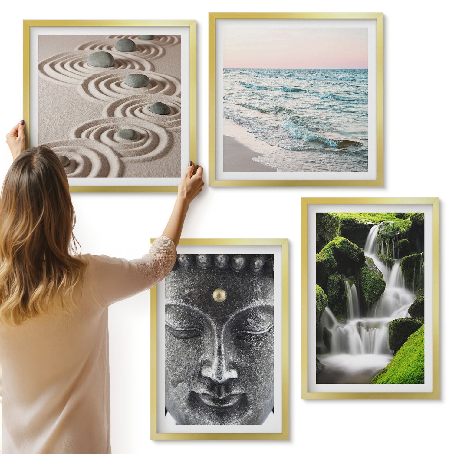 Galeria ścienna 4-częściowy komplet obrazów w złotych ramach - Spokój natury z kamieniami wodospadem i Buddą - ArtPrintCave