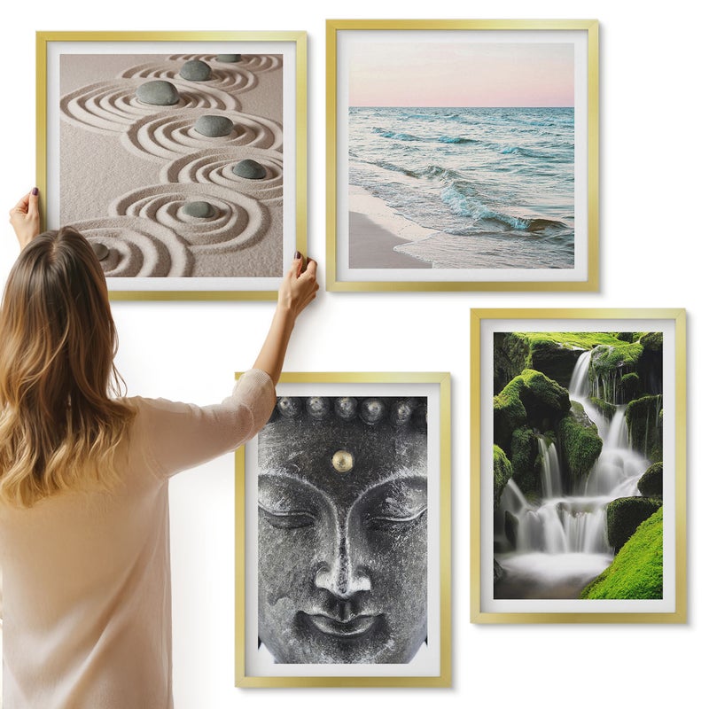 Galeria ścienna 4-częściowy komplet obrazów w złotych ramach - Spokój natury z kamieniami wodospadem i Buddą - ArtPrintCave