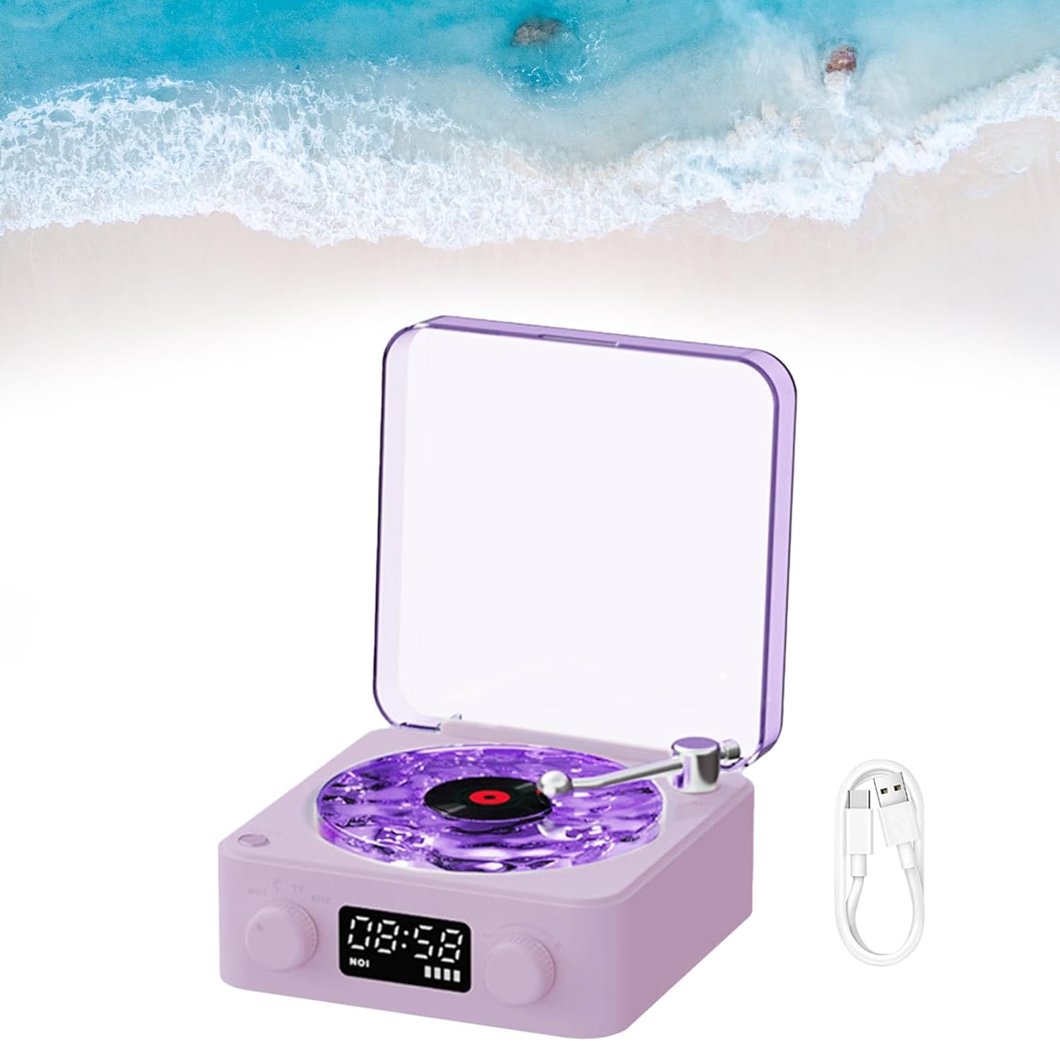 Płyta winylowa, zegar z odtwarzaczem, głośnik Bluetooth, przenośny głośnik retro w stylu winylowym, regulowane światło i godzina, fioletowy